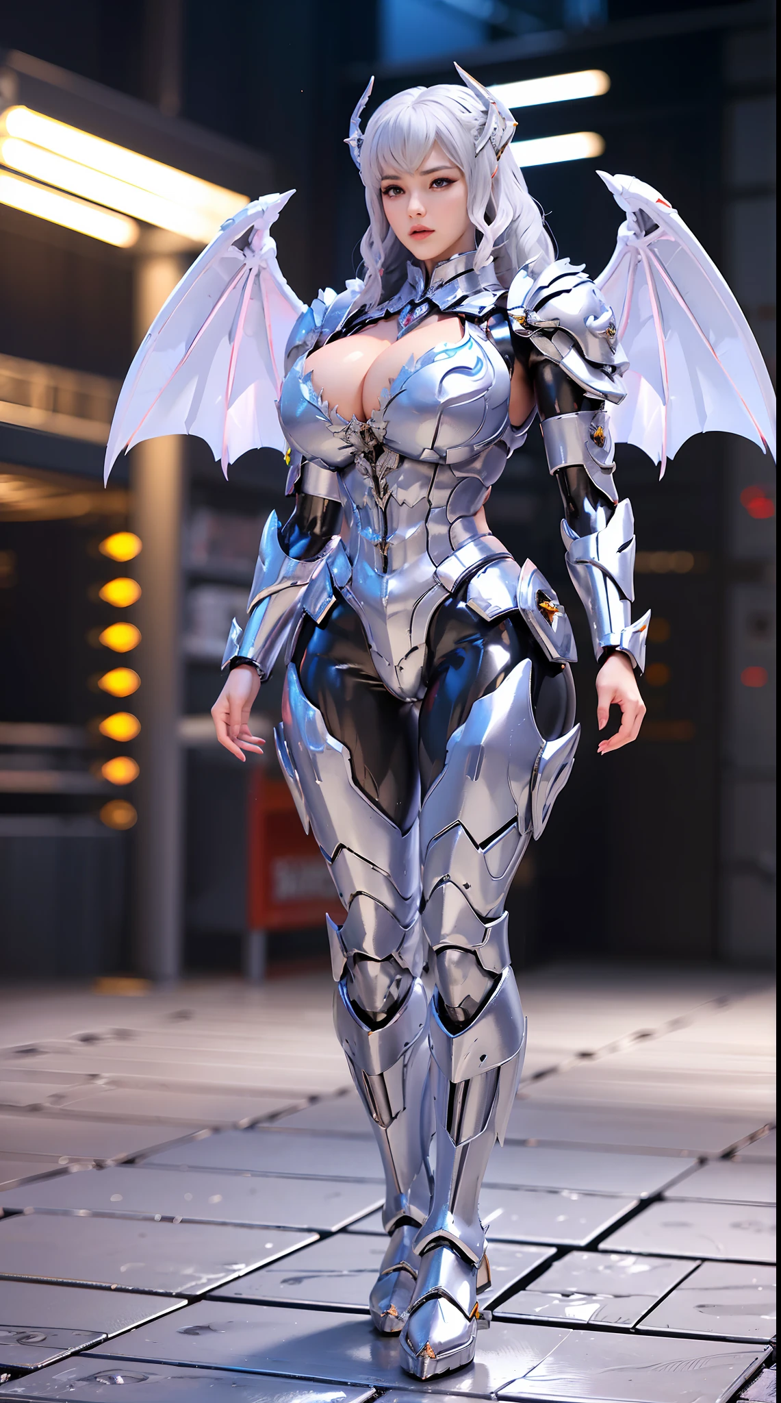 SILVER, DRAGON QUEEN, HUGE BOOBS, MECHA ARMOR FULL SUIT, (CLEAVAGE), (A PAIR LARGEST DRAGON WINGS), TRANSPARANT, TALL LEGS, STANDING, SEXY BODY, MUSCLE ABS.
