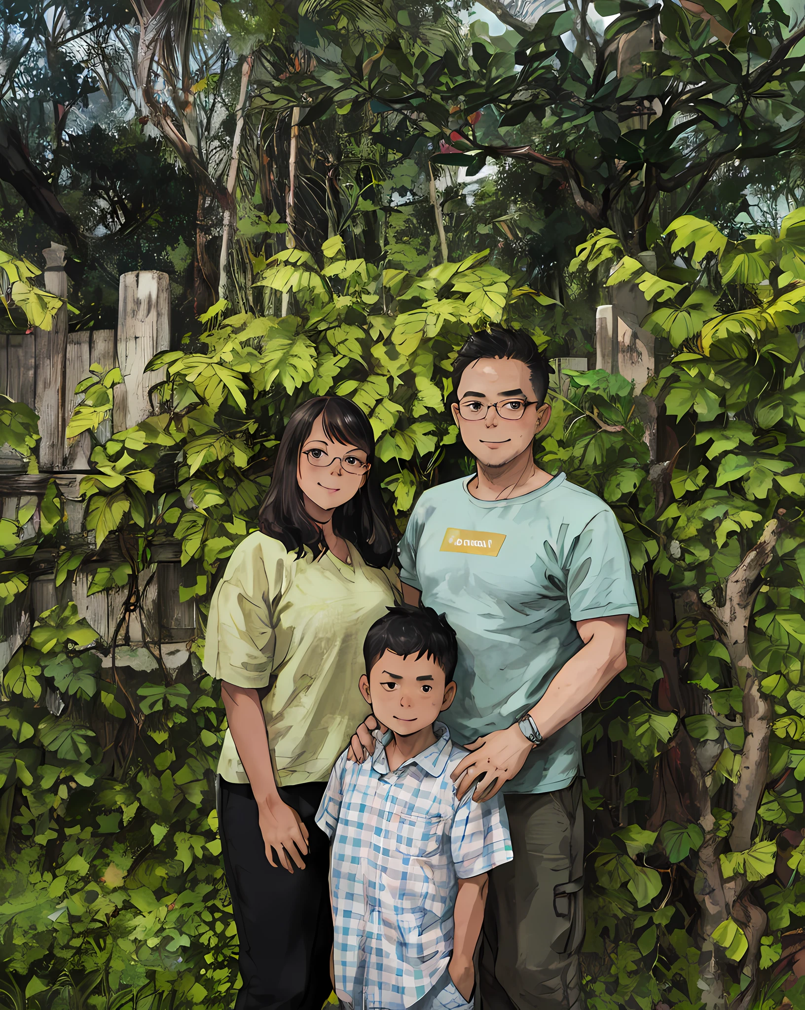 a family portrait of 3. in front of a leafy fence. jungle background. father wearing glasses. mother have a little bit tan skin