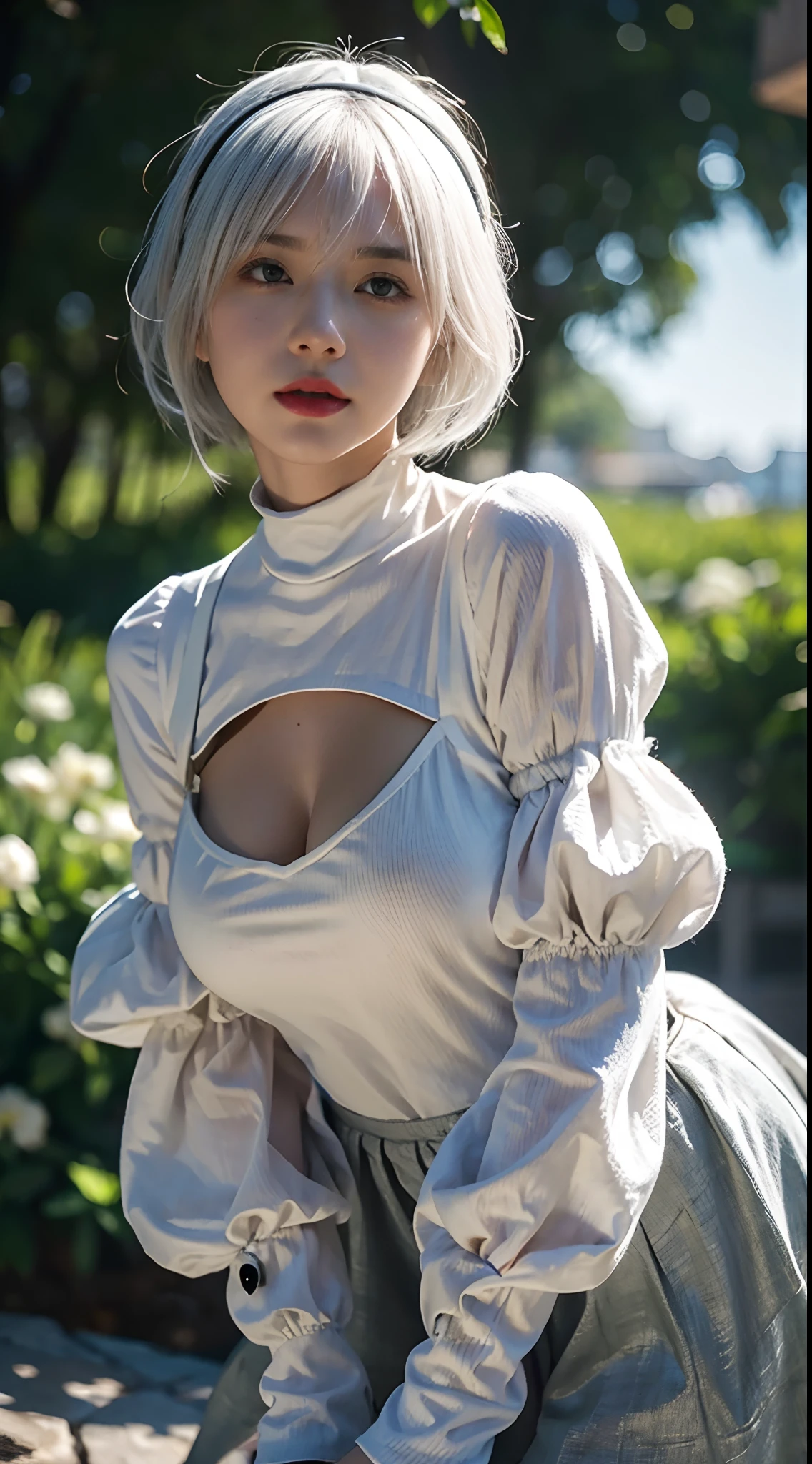 yorha no. 2 Type B, One girl, Wow, (Blindfold), chest, chestの谷間, chestの谷間 cutout, Clothing cutouts, Green background, Hair between the eyes, hair band, High resolution, Juliet Sleeve, Long sleeve, Nier (series), Nier automata, Puffy sleeves, Red lips, Shadowed face, short hair, alone, turtleneck, Upper Body, Gray Hair, null