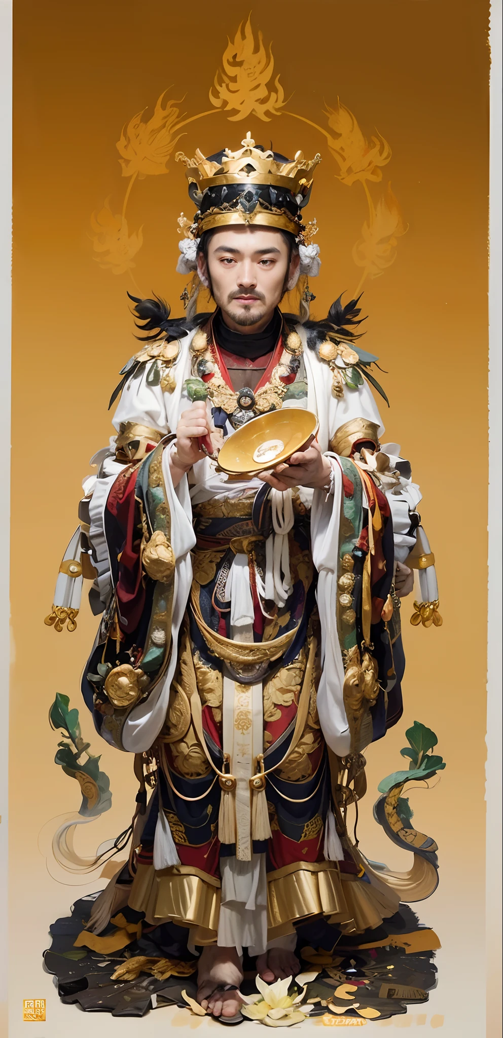Handsome man, Emperor of China,Wear a crown on your head,(((com um rosto quadrado))),Flashy clothes,Handsome looking,Robes,small beard,com um rosto quadrado,Wide face,One meter nine,small heads,long leges,Tall guy,com um rosto quadrado,(((Strong facial muscles))),(((aged 40,Peng Yuyan))),(((little beard))),(((Hold the mirror with one hand:1.1))),(Vajra pestle),(Lotus leaf),Basketball player body proportions,chineseidol,looking toward the viewer,Black pupils,The body is well-proportioned,Long legs,Straight back,Fitness trainer,Movie stars are glamorous,(((Heads-up))),Handsome,Westerners,muscular face,Muscular body,Perfect proportions,The muscles have expressions in both eyes,King Yan Luo stared ahead,(((Golden lotus throne))),The man wears a white shirt,(((Ancient Roman clothing))),silkouette,White yarn,There are muscles,(((Ancient Roman white clothes))),Shirtless,,(((Head background with round light))),(((Behind it is the sun))),(((The man emits a bright and dazzling light))),King Yan took away the metal weapon,Take the Skeleton Staff as an example,Barefoot on both feet,Step on the nasturtium,photorealestic,professional photoshooting,Realiy,超高分辨率,tmasterpiece,