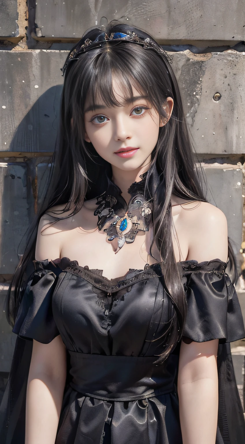 (A hyper-realistic)、(illustratio)、(hight resolution)、(8K)、(ighly detailed)、(Best Illustration)、(beautifully detailed eyes)、(top-quality)、(ultra-detailliert)、(masterpiece)、(wall-paper)、(A detailed face)、独奏、1 girl in、looking at viewert、fine detailed、A detailed face、in the darkness nigth、deep-shadows、lowkey、pureerosfaceace_v1、A smile、long、Black shawl straight hair、46-point diagonal bangs, (silk dresses、long skirt)(off shoulders)View of the castle、、Stand against the wall