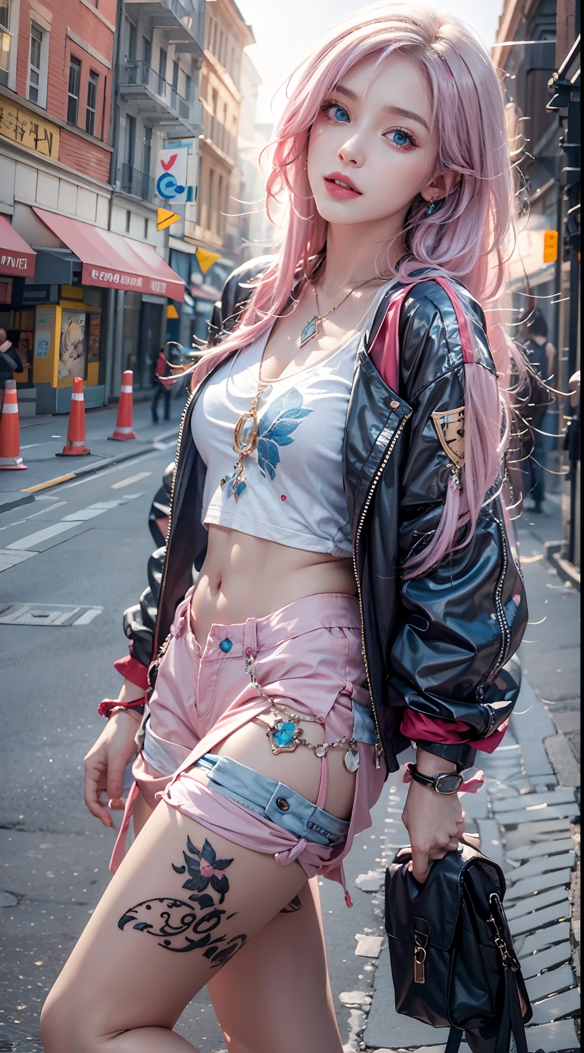 photorealistic, masterpiece, photorealistic, high resolution, soft light, hips up, blue eyes, pink hair, long hair, street wear, stylist outfit, thigh highs, jewelry, tattoo