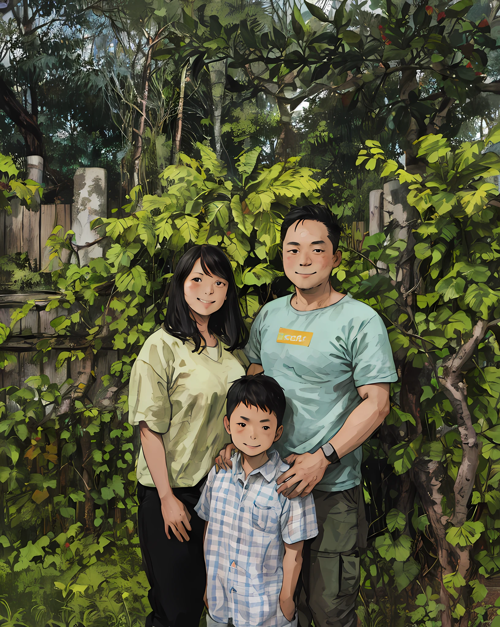 a family portrait of 3. in front of a leafy fence. jungle background.