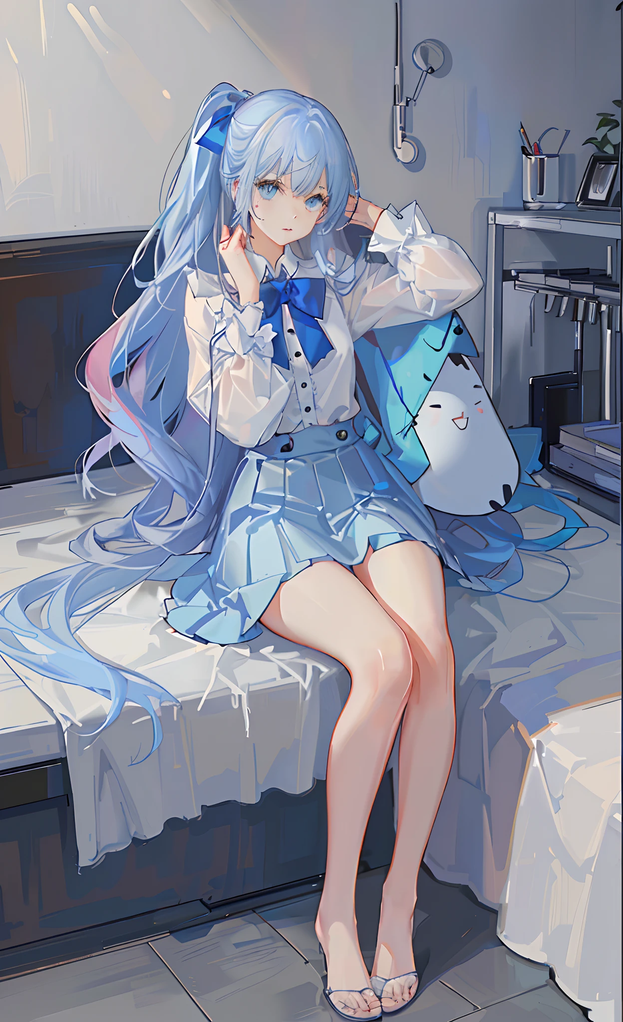 one-girl, Blue gradient clothes, white  skirt, White skin, naked leg, The barefoot, Blue and pink hair, long whitr hair, Bow knot, Big blue eyes, Delicate facial features，Messy room, book, a chair, desks, window, dolls, janelas, Anime style, Chiaroscuro, Cinematic lighting, color difference, hyper HD, ccurate, Super detail, High details, White slim stockings，Light blue high-heeled strappy sandals