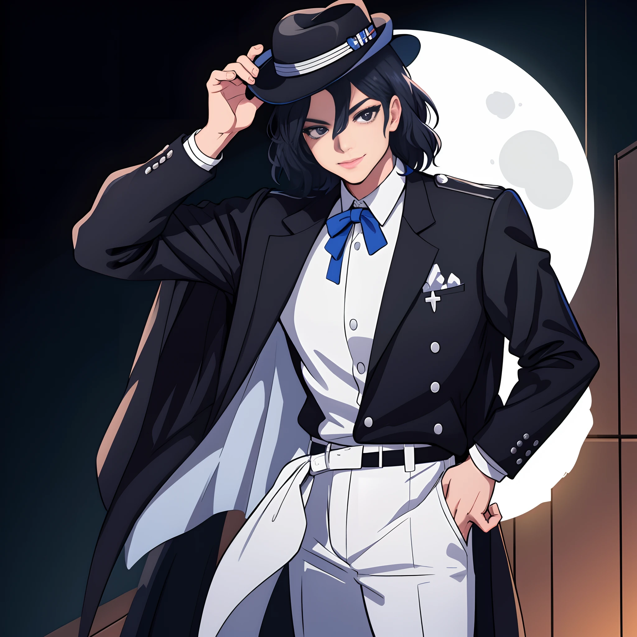black eyes, Il y a un homme en costume blanc avec une chemise bleu et chapeau blanc avec bandeau noir, Portrait de Michael Jackson, Photo de Moonwalker, Portrait de Michael Jackson, HQ Work, Michel_Jackson, Michael Jackson, in style of digital illustration, hq 4k wallpaper, Michael Jackson Danse de la Lune, Fan Art, high quality fanart, highly detailed exquisite fanart