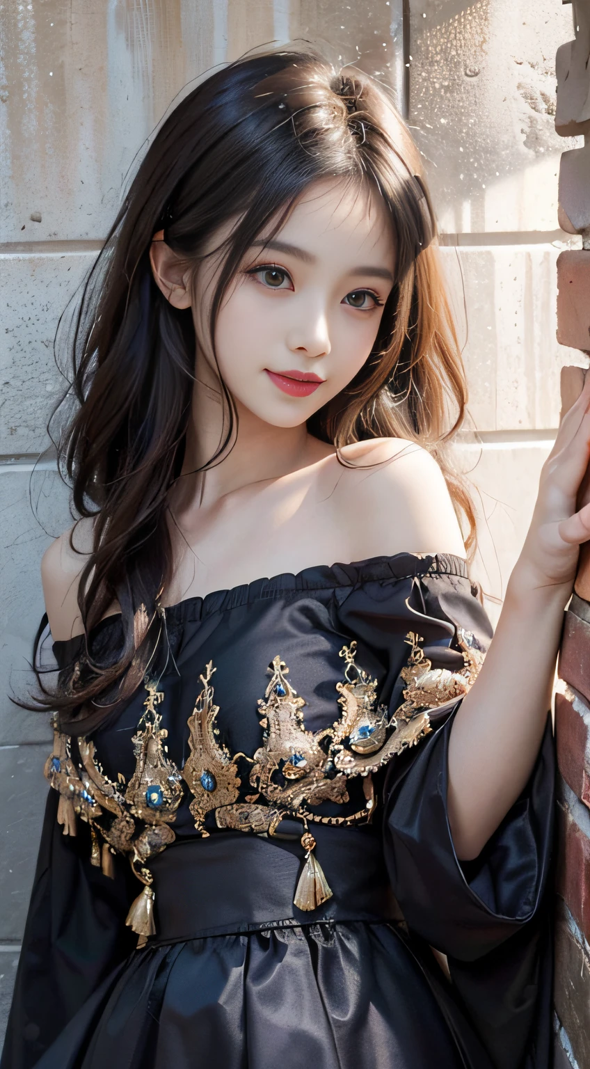 (A hyper-realistic)、(illustratio)、(hight resolution)、(8K)、(ighly detailed)、(Best Illustration)、(beautifully detailed eyes)、(top-quality)、(ultra-detailliert)、(​masterpiece)、(wall-paper）、（A detailed face）、独奏、1 girl in、looking at viewert、fine detailed、A detailed face、in the darkness nigth、deep-shadows、lowkey、pureerosfaceace_v1、A smile、long、Black shawl straight hair、46-point diagonal bangs,　（silk dresses、long  skirt）(off shoulders）View of the castle、、Stand against the wall
