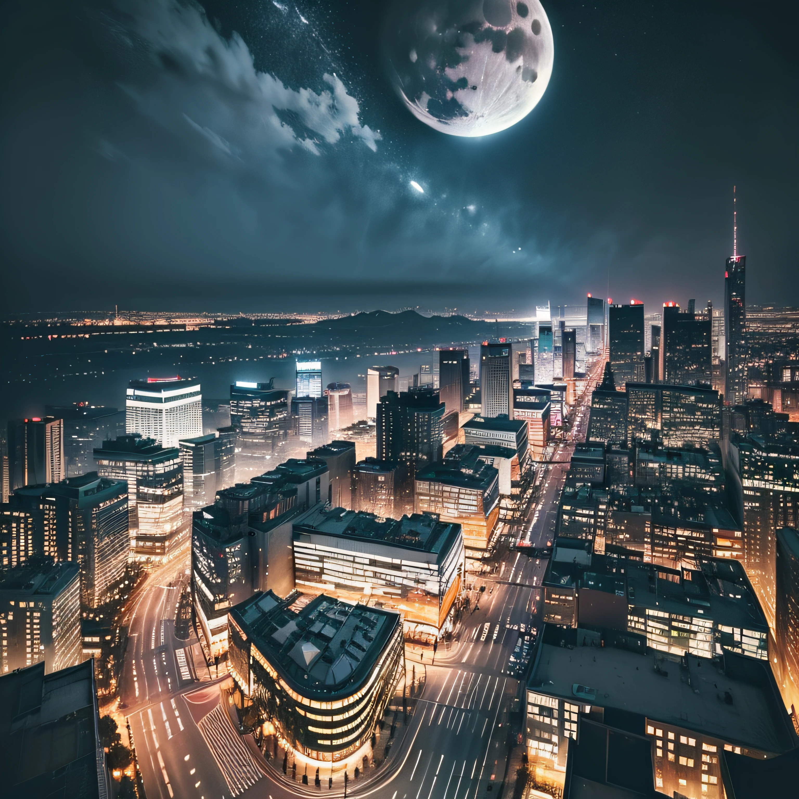 (highres,photorealistic) A nighttime aerial view of a bustling city skyline with (vivid,colorful) lights and (busy, bustling) streets below, creating a (dazzling, mesmerizing) cityscape. The city is (overflowing, teeming) with life and energy, with (tall, towering) buildings reaching towards the sky. The (varied, diverse) architecture is a (mixture, fusion) of modern skyscrapers, (vintage, classic) buildings, and (futuristic, cutting-edge) structures.

The (cityscape, view) is illuminated by (countless, numerous) lights, casting a (luminous, radiant) glow across the scene. (Shimmering, Glittering) streetlights and (dazzling, sparkling) headlights create a (dynamic, vibrant) atmosphere. The lights (twinkle, flicker) like stars, adding a touch of magic to the city's nightscape.

The streets below are (packed, bustling) with (vehicles, cars) and (pedestrians, people), moving in a (fast-paced, frenetic) rhythm. (Blurred, streaking) lights from passing cars create (trails, streaks) of color, capturing the sense of motion and the vibrancy of the city. The (hustling, bustling) streets are lined with (shops, stores) and (restaurants, cafes), their windows filled with (warm, inviting) lights and (lively, animated) activity.

In the distance, the (imposing, majestic) silhouette of a (landmark, iconic building) stands tall, adding a sense of grandeur to the cityscape. The (moonlit, moon-kissed) sky above provides a (dramatic, cinematic) backdrop, creating a contrast between the bright city lights and the darkness of the night.

The overall atmosphere of the scene is (mysterious, enchanting), evoking a sense of excitement and wonder. The (glittering, glowing) lights and the (hustle, bustle) of the streets below invite the viewer to immerse themselves in the vibrant energy of the city at night.

【Reference translation】(High-definition real-sense)Aerial view of the city skyline at night，Bustling streets and bright lights below。The city is full of life and energy，High-rise buildings stretch out to the sky。Diverse buildings make up modern skyscrapers、A fusion of retro architecture and futuristic structures。

The city skyline is illuminated by countless lights，It adds a bright and colorful glow to the whole scene。Twinkling street lights and dazzling headlights create a bustling atmosphere。