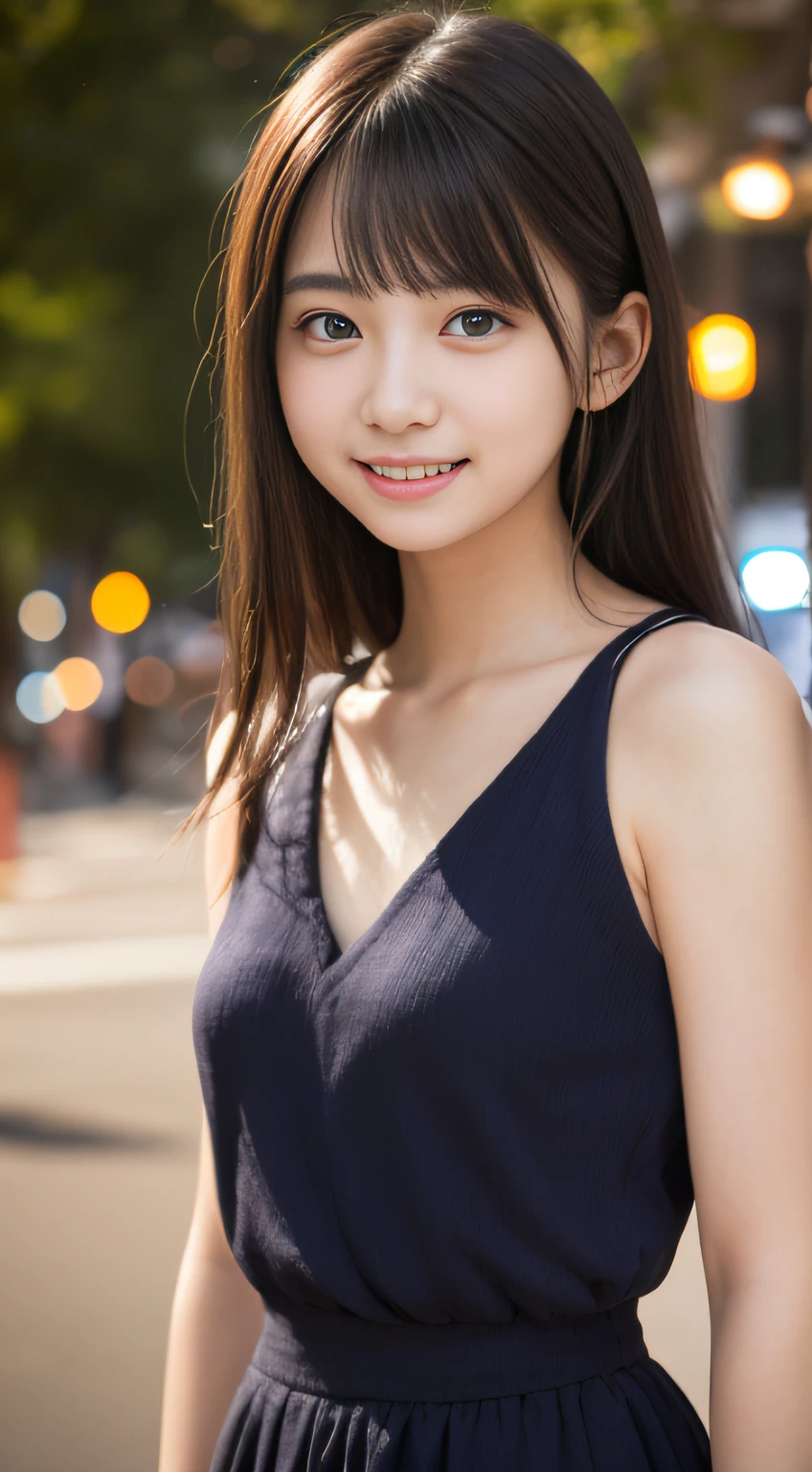 masutepiece, Best Quality, 8K, , Teen, Raw ph absurderes, award winning portrait, Smile, Smile, Solo, Night, neons, Idol face, violaceaess, gardeniass, Delicate girl, Upper body, Digital SLR, Looking at Viewer, Candid, Sophisticated, zora々Right, Thin arms, Professional Lighting, Film grain, chromatic abberation, (Eyes and faces with detailed:1.0), (Bokeh:1.1)