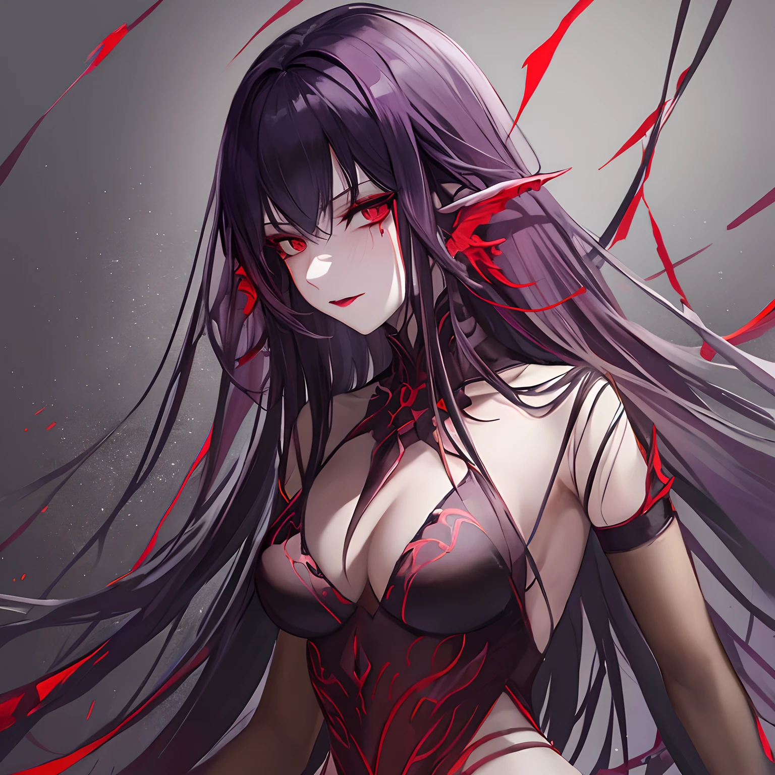 Woman, long dark purple hair, red eyes with a bright light, black long open dress, witch, silver jewelry in the shape of ribs, metal mask on half of the face, black lipstick