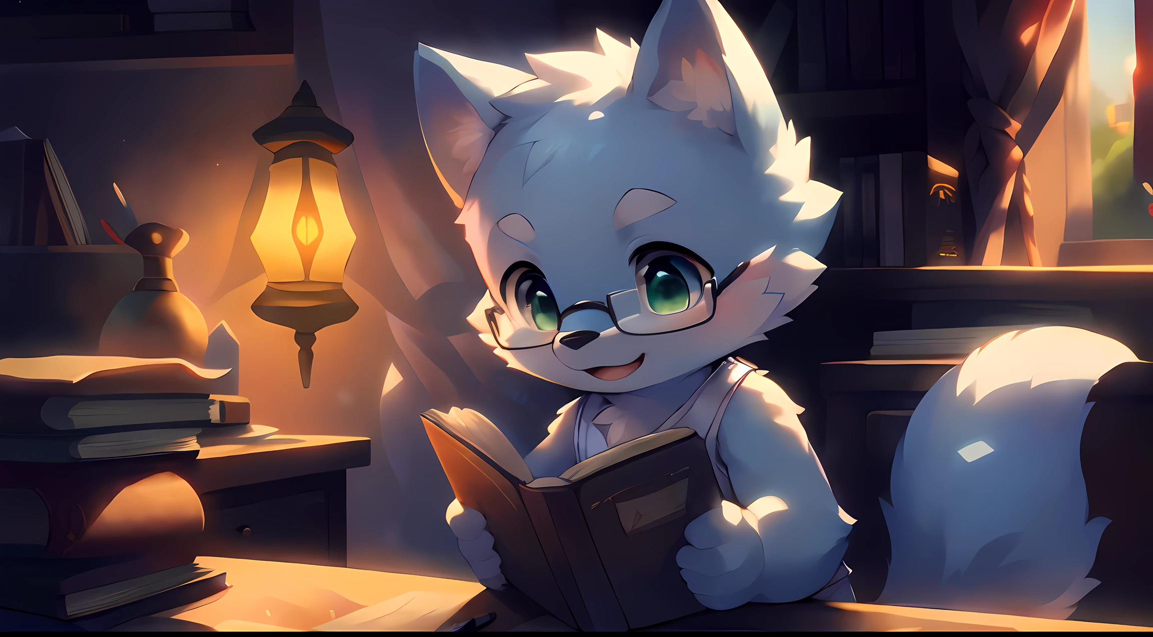 masterpiece, best quality, highly detailed, sfw, 1boy, (sitting at desk, studying, reading:1.25), (upper body:1.25), (morning, sun light, brightness:1.5), (bedroom, book, desk:1.25), (kemono), (shota, ddler:1.25), (cub:1.25), (solo:2.0), cute, kawaii, (wolf:1.2), light blue fur, light blue face, (bald:0.25), detailed green eyes, (thick eyebrows), light blue body, light blue arms, light blue hands, light blue tail, (4 fingers:0.25), (chest tuft:0.1), detailed, (black glasses), (white tank top), detailed background, (bedroom, book, desk, paper, pen, lamp:1.25), Acoustic Guitar, warm, cozy, focus, Chill, Playful, Relaxed, Cozy, Lazy, Affectionate, Curious, Comforting, Cute,