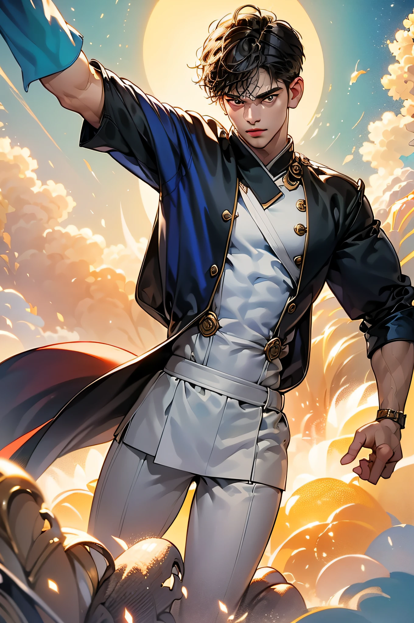 Handsome elderly man, black hair, very short hair, ((crew cut: 1)), blue eyes, fair skin, ((muscular: 1)), man, 50 years old, muscular, in good shape, muscular. white shirt with red, gold details, baggy gray pants, black and brown belts, black boots, lots of belts, patriarch, fire, fire salamander.
