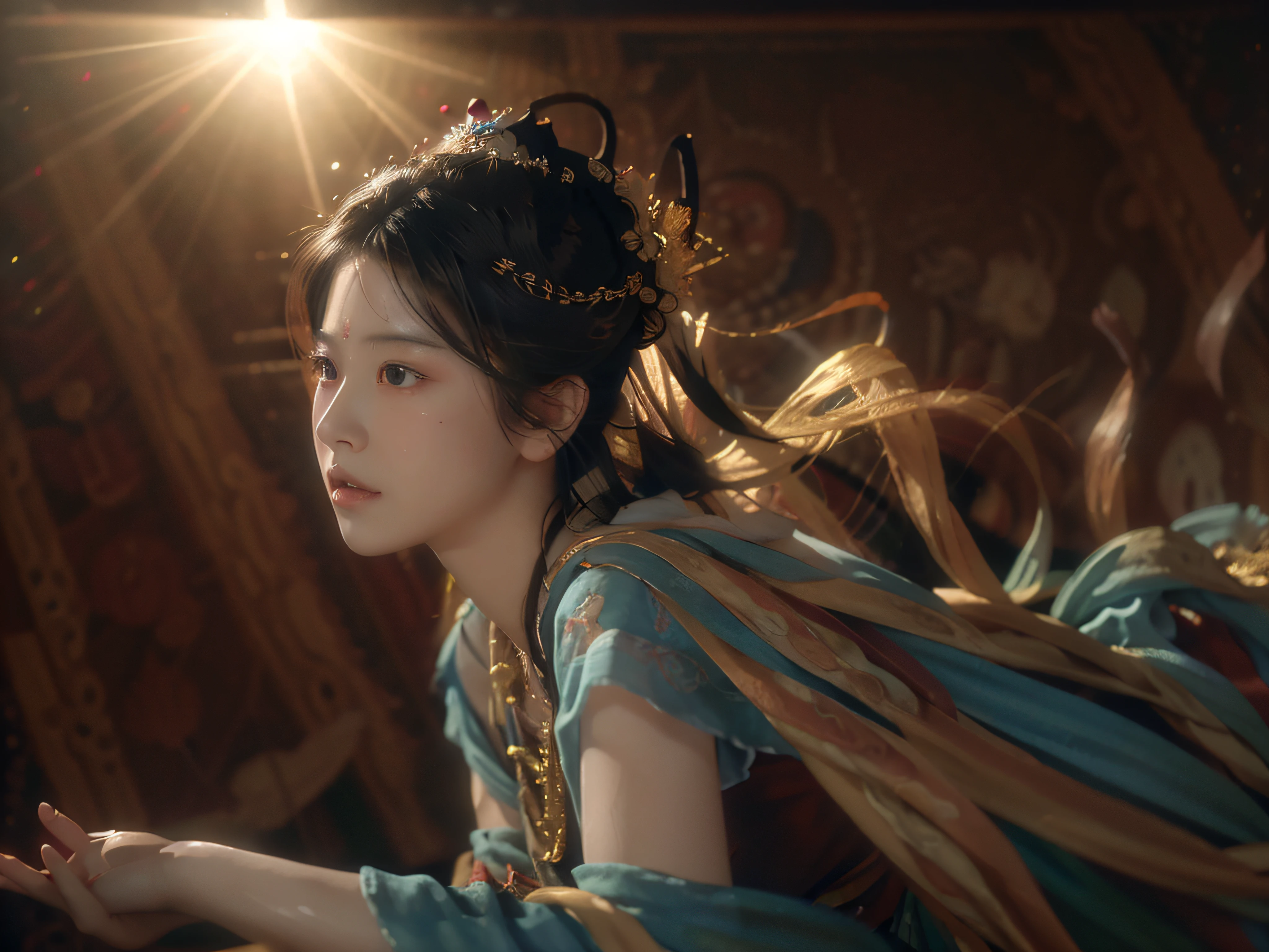 (RAW photo, best quality), (realistic, photo-realistic:1.3),best quality,highly detailed,masterpiece,ultra-detailed,illustration,1girl,upper_body,dynamic angle,world masterpiece theater,messy_long_hair,best quality,extremely detailed CG unity 8k wallpaper,ink,Amazing,cinematic lighting,lens_flare, dunhuang_style
