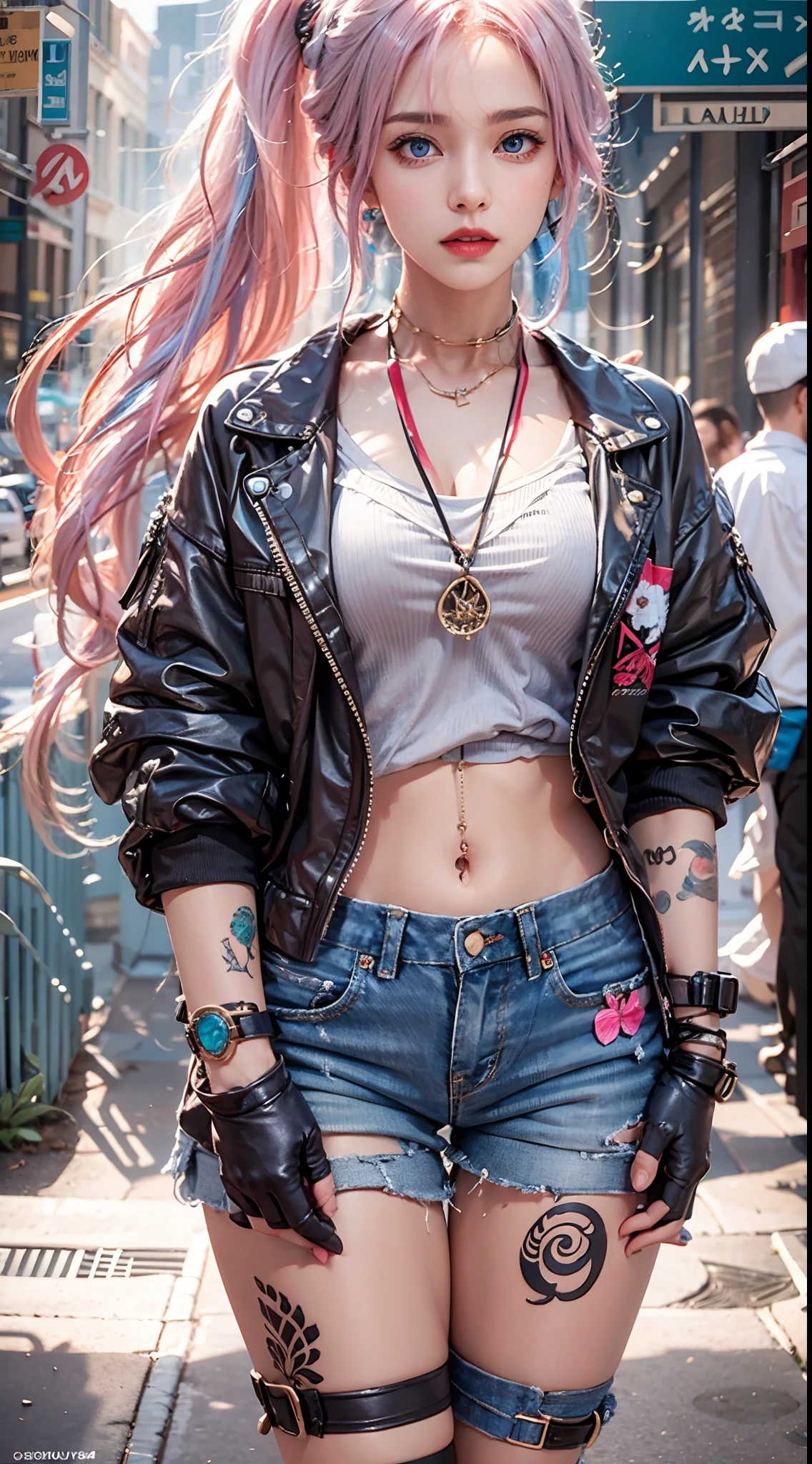 photorealistic, masterpiece, photorealistic, high resolution, soft light, hips up, blue eyes, pink hair, long hair, street wear, stylist outfit, thigh highs, jewelry, tattoo