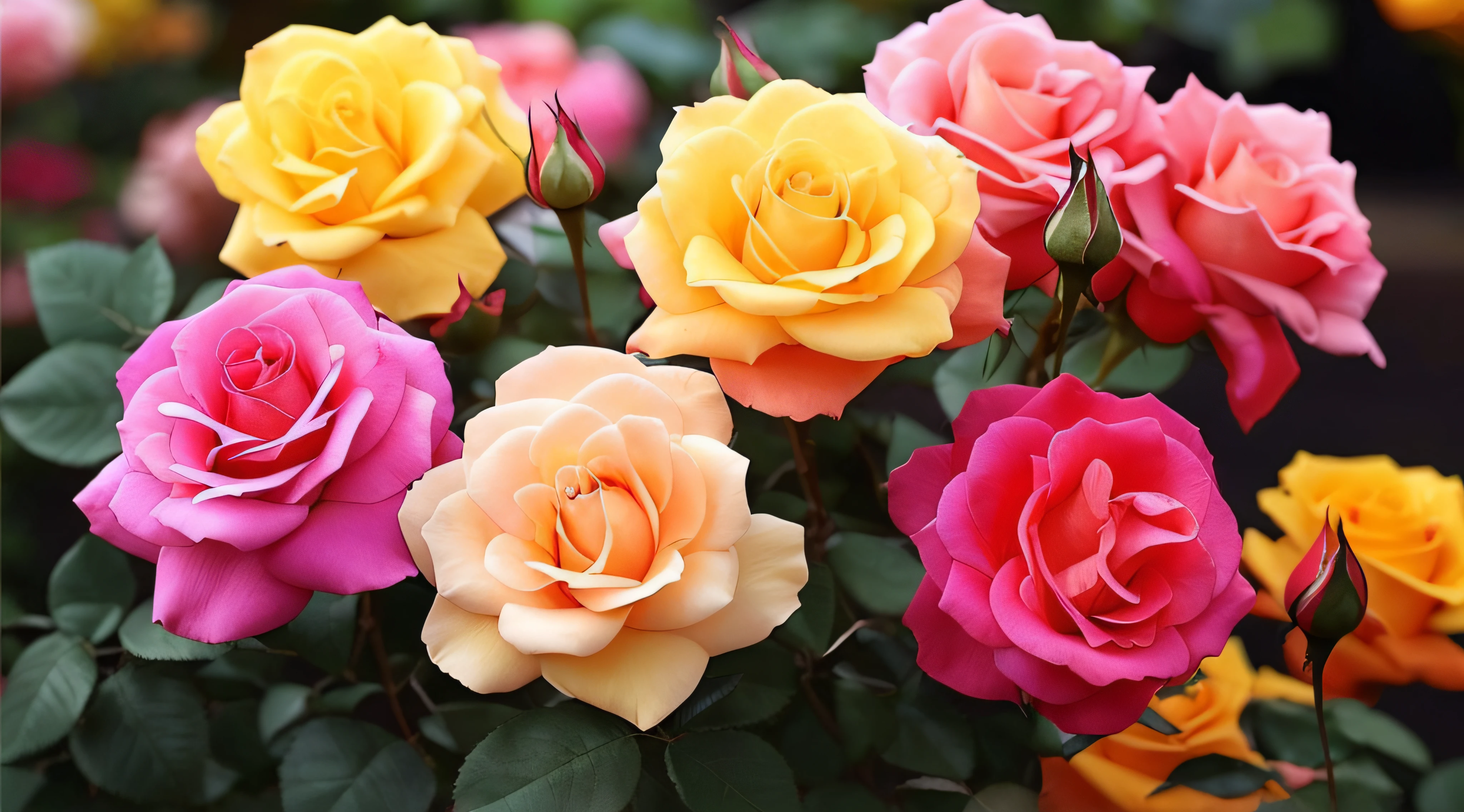 there are many different colored roses in a garden together, roses, a few roses, beautiful flowers, incredibly beautiful, exploding roses, beautiful colorful, decorative roses, rose garden, rosses, beautiful flowers growing, vibrant hues, beautifully, beautiful image, colourful flowers, beutiful, blooming flowers, pastel roses, rose, rosa bonheurn, beautiful nature, just beautiful