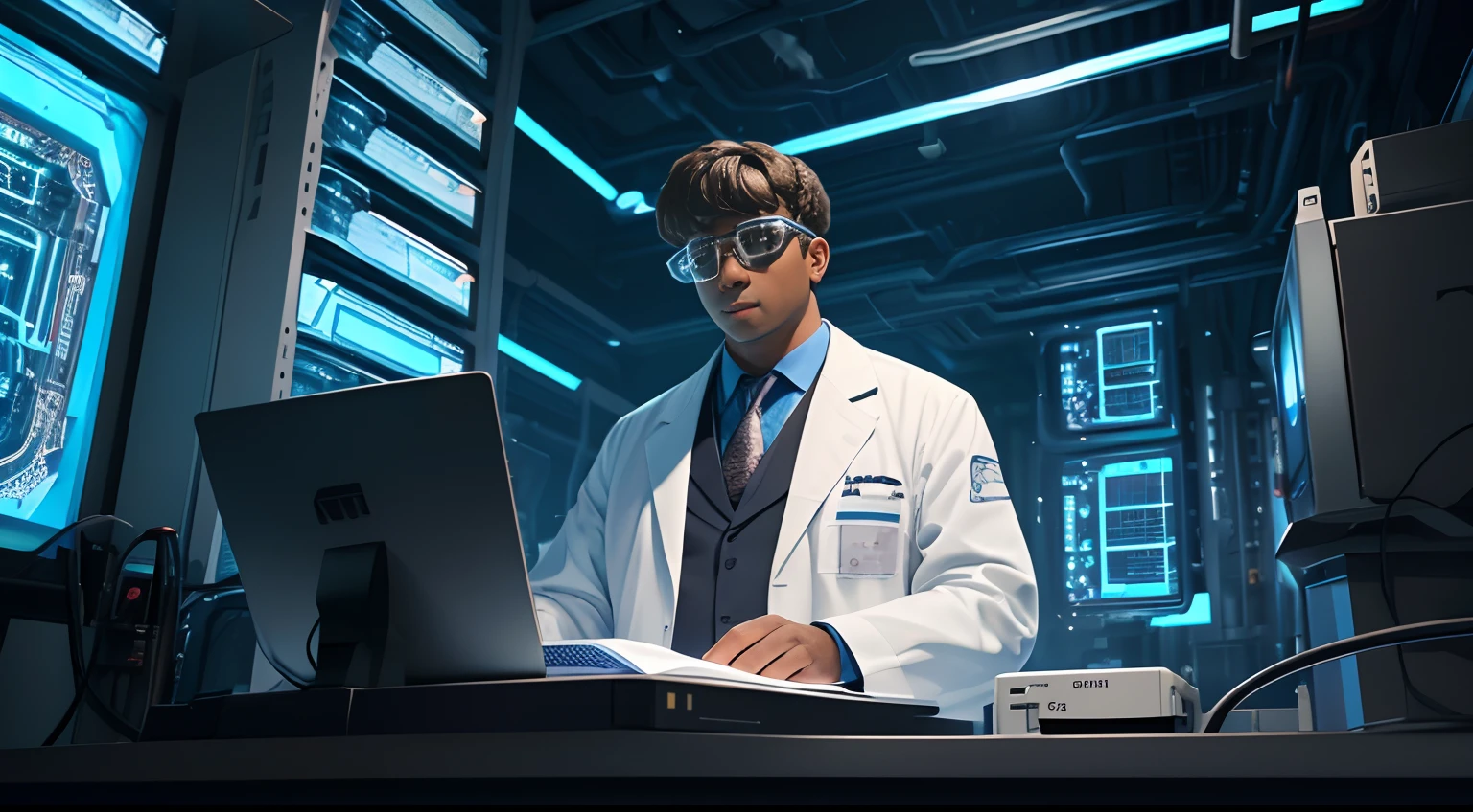 Dr. Octavius, wearing a white lab coat and safety goggles, is researching plans and new equipment on a supercomputer, The light from the screen is illuminating his face, creating shadows and a special glow,(full body), fantasy style, ultra realistic, (hyperrealism:1.1),(detailed:1.2)