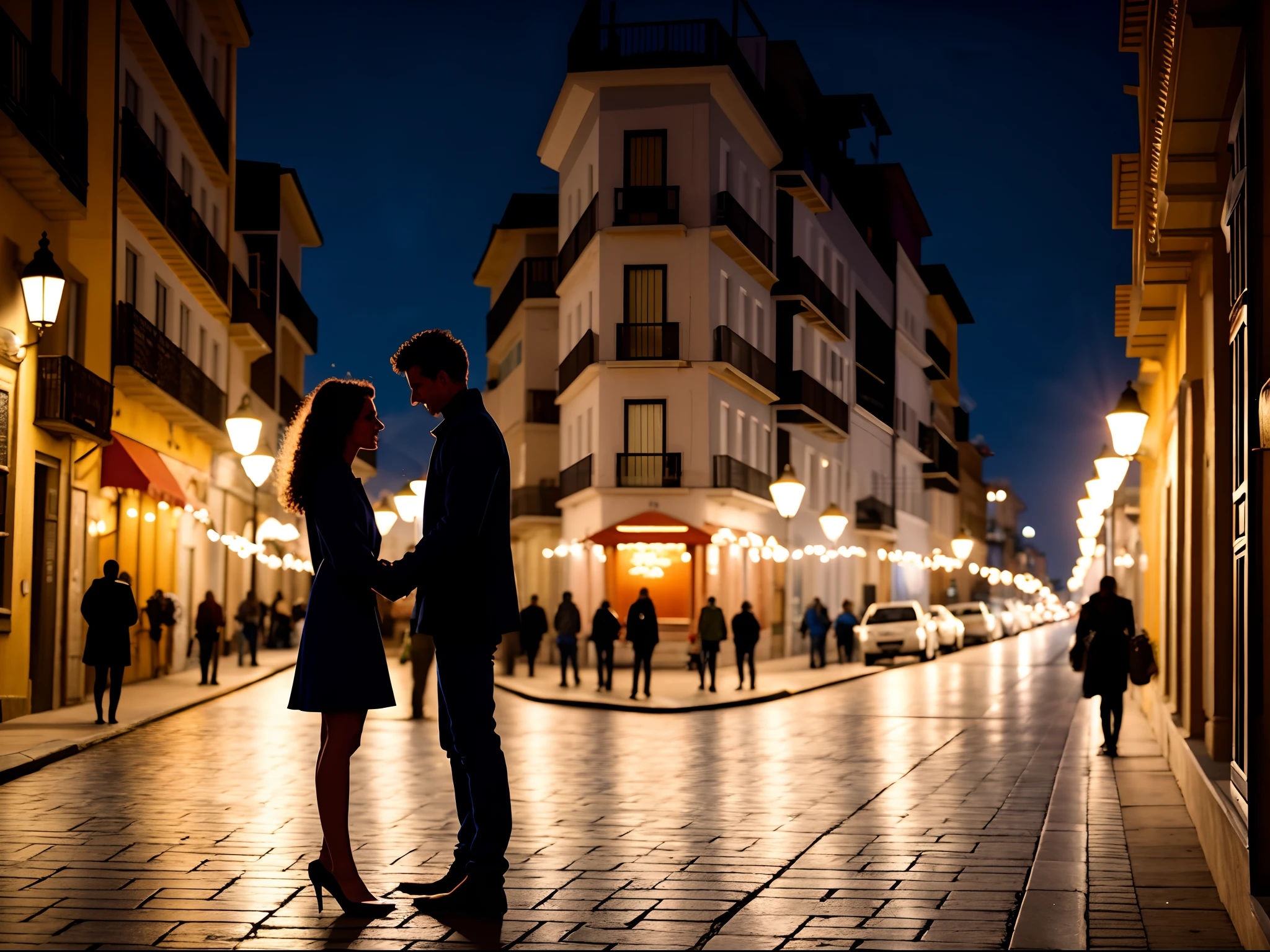 Foto retrato de casal apaixonado, Romantic setting, street and lights in the background, 8k, Realistic photo. Both have beauty standards.