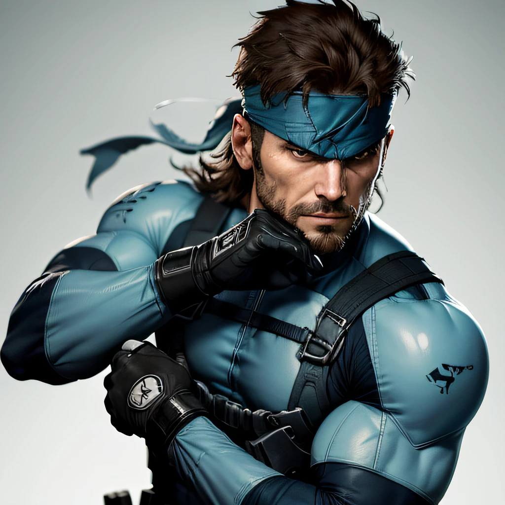 1man, solid snake, facial hair, blue bodysuit, gloves, headband, Guts pose