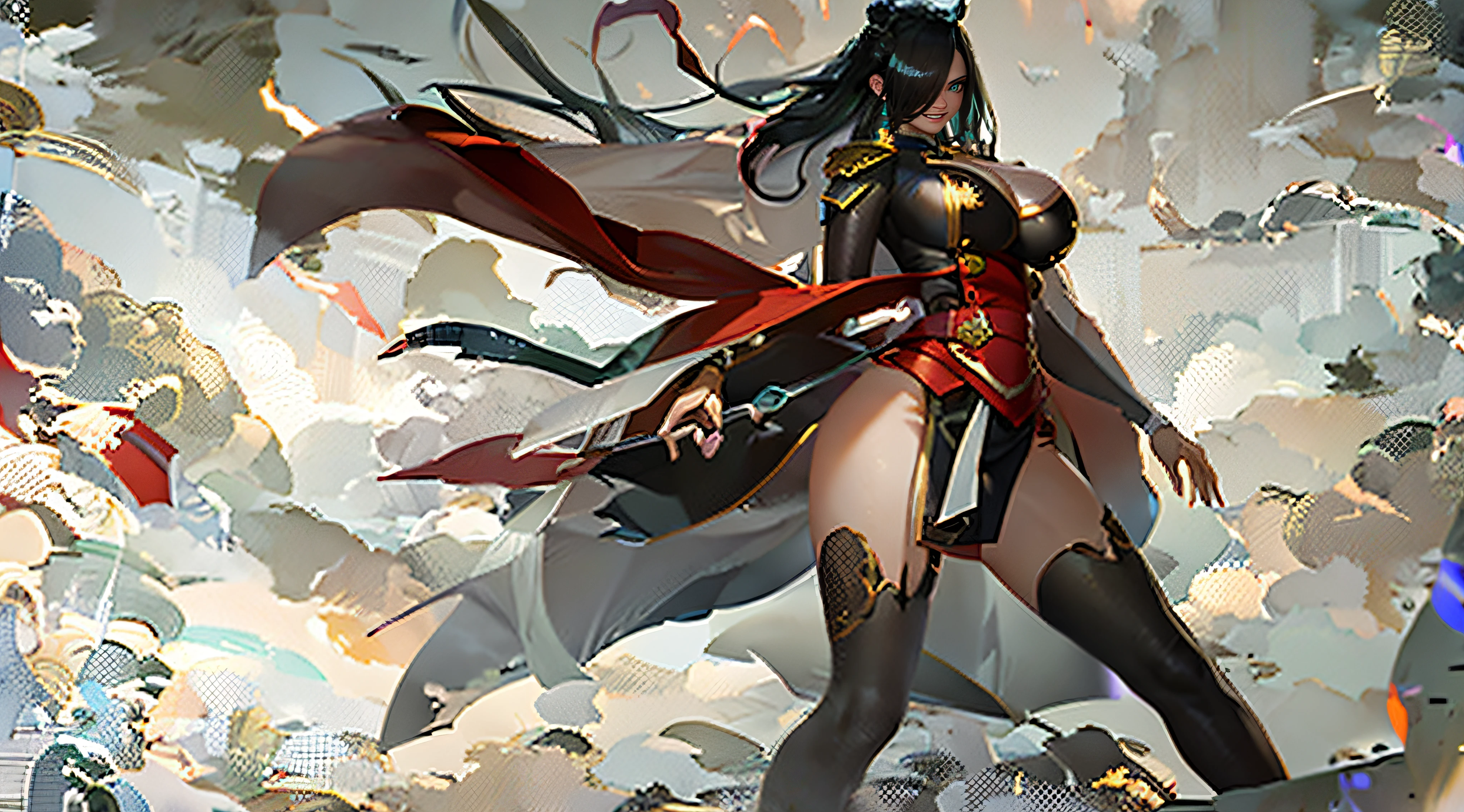 azumafubukilora, hair over one eyes, ribbon, long hair, aqua eyes, huge breasts, a woman with long black hair and a red cape, by Yang J, Artstation contest winner, lewd, 8k anime, irelia, royal elegant pose, guweiz masterpiece, yanjun chengt, noire photo, chun - li, official artbook, most strongest pose