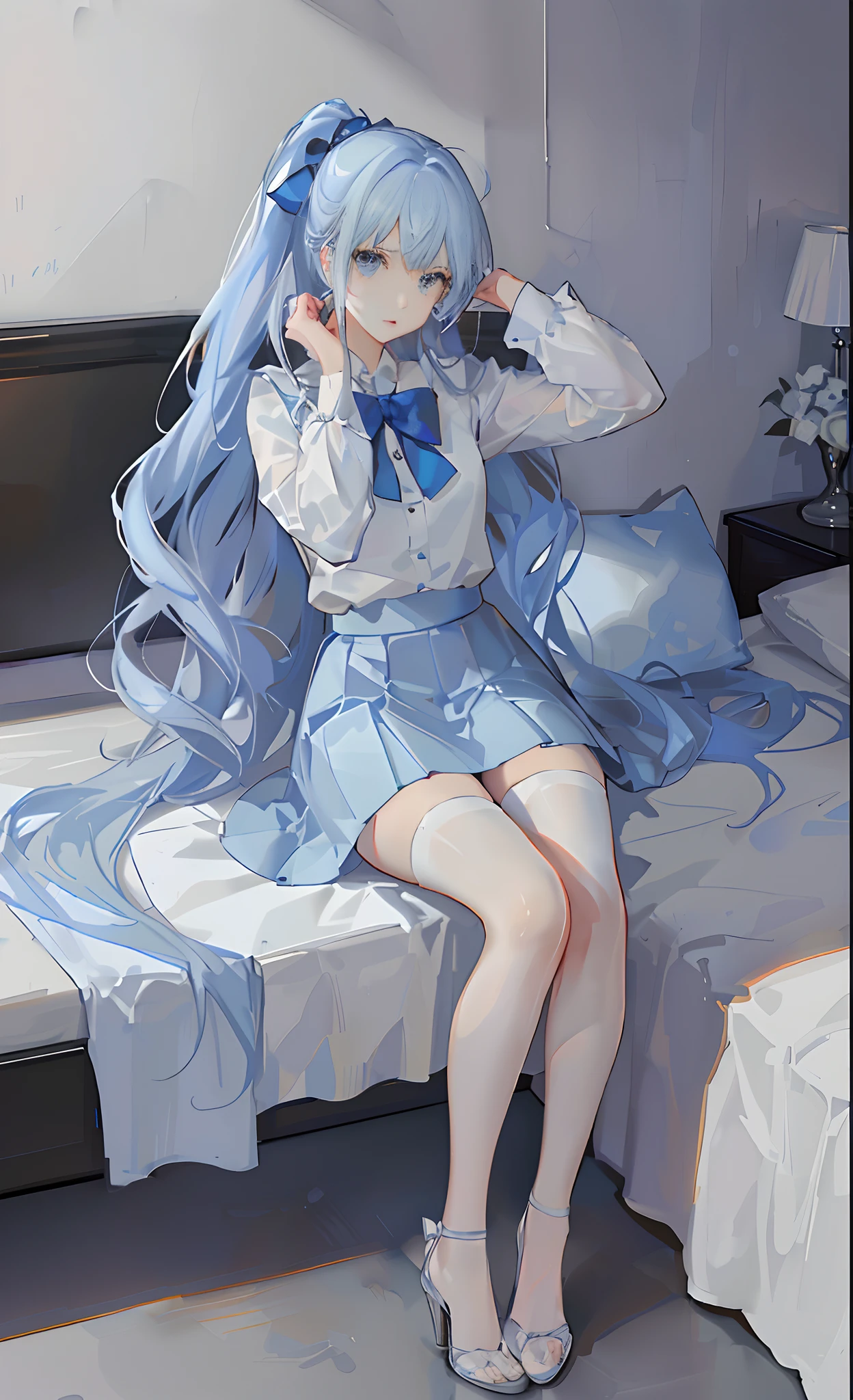 one-girl, Blue gradient clothes, white skirt, White skin, Blue and pink hair, long whitr hair, Bow knot, Big blue eyes, Delicate facial features,Messy room, book, a chair, desks, window, dolls, janelas, Anime style, Chiaroscuro, Cinematic lighting, color difference, hyper HD, ccurate, Super detail, High details, White slim stockings,Light blue high-heeled strappy sandals