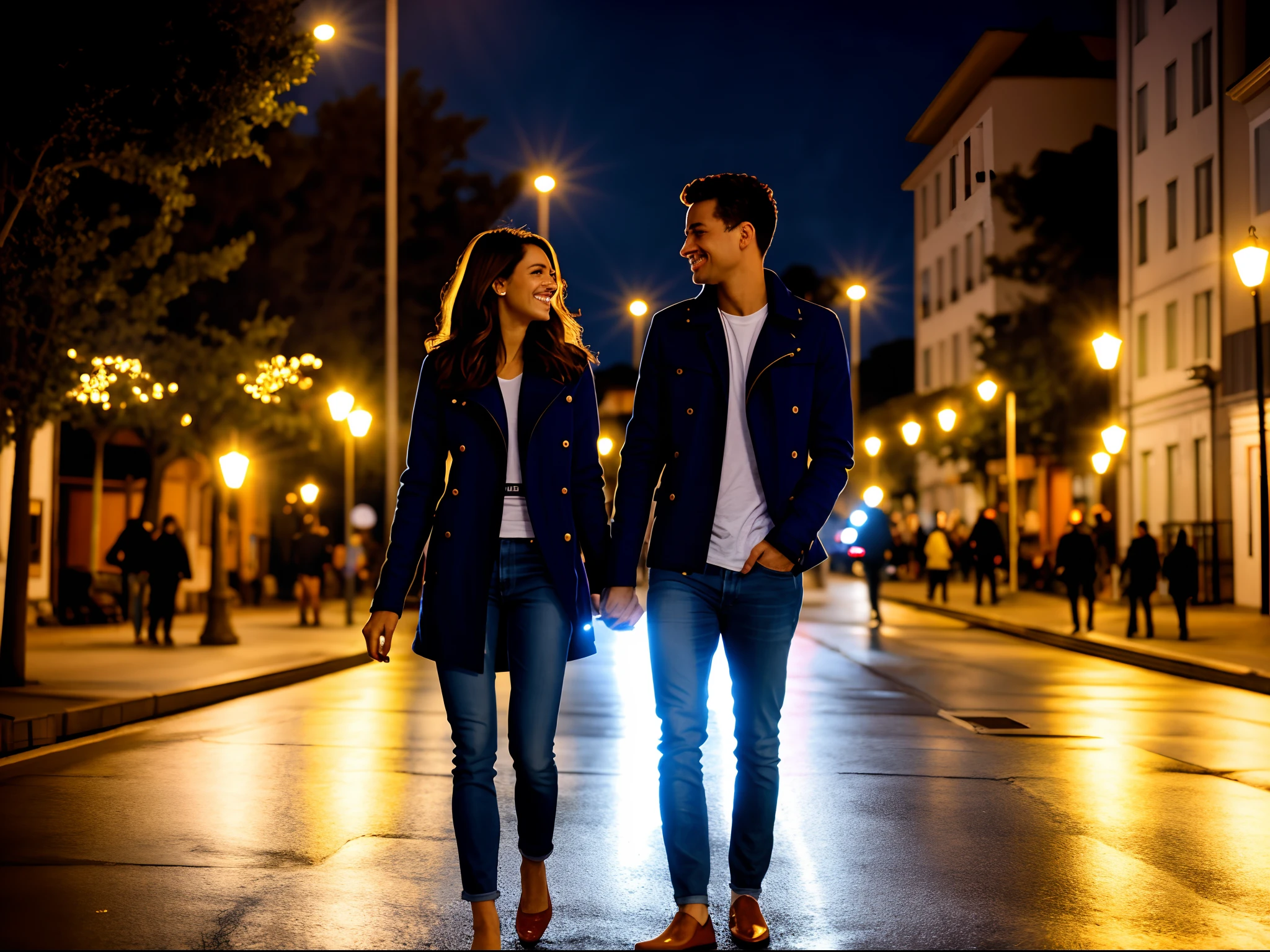 Foto retrato de casal apaixonado, Romantic setting, street and lights in the background, 8k, Realistic photo. Both have beauty standards.