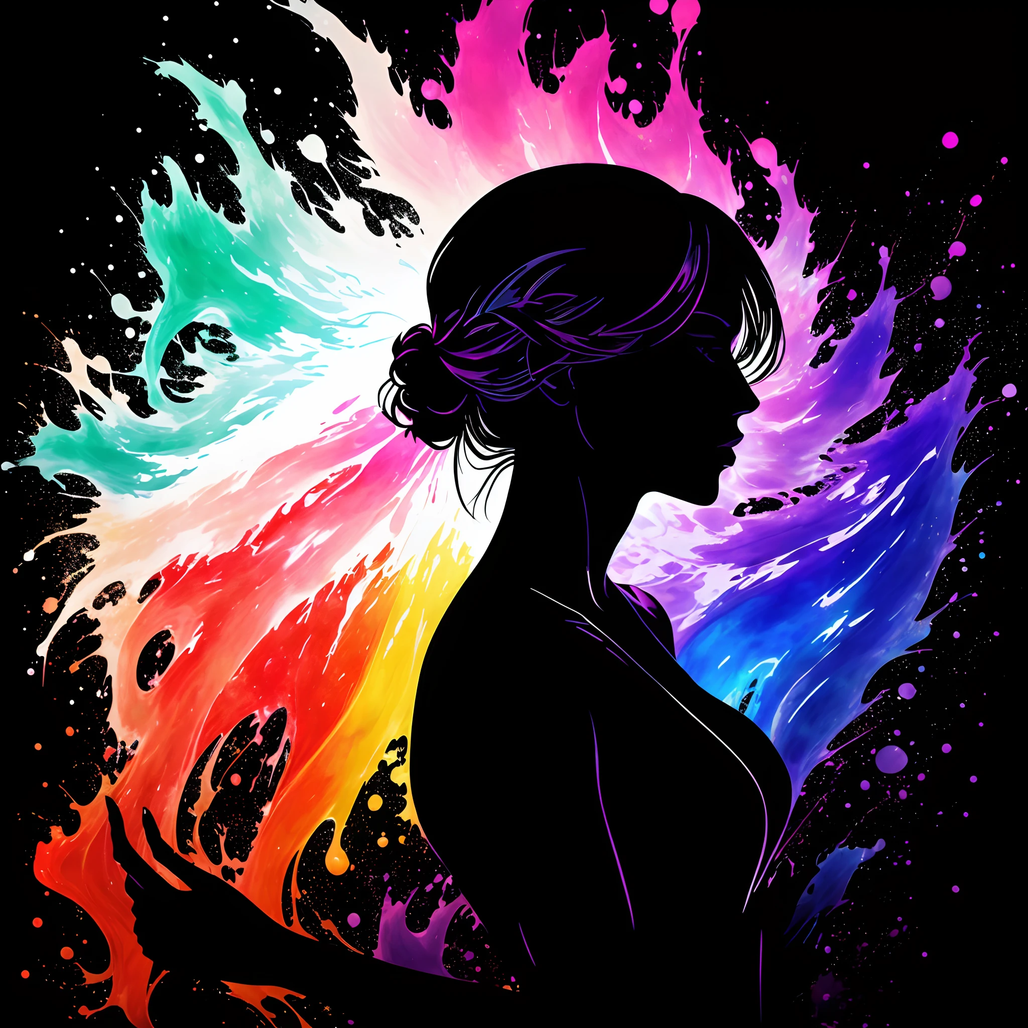 a fine color ink lineart sketching of a woman silhouette with a glossy shiny outline vibrant colors reflective [volumetric] splash, colorful, best quality, elegant, sharp clear art, black background