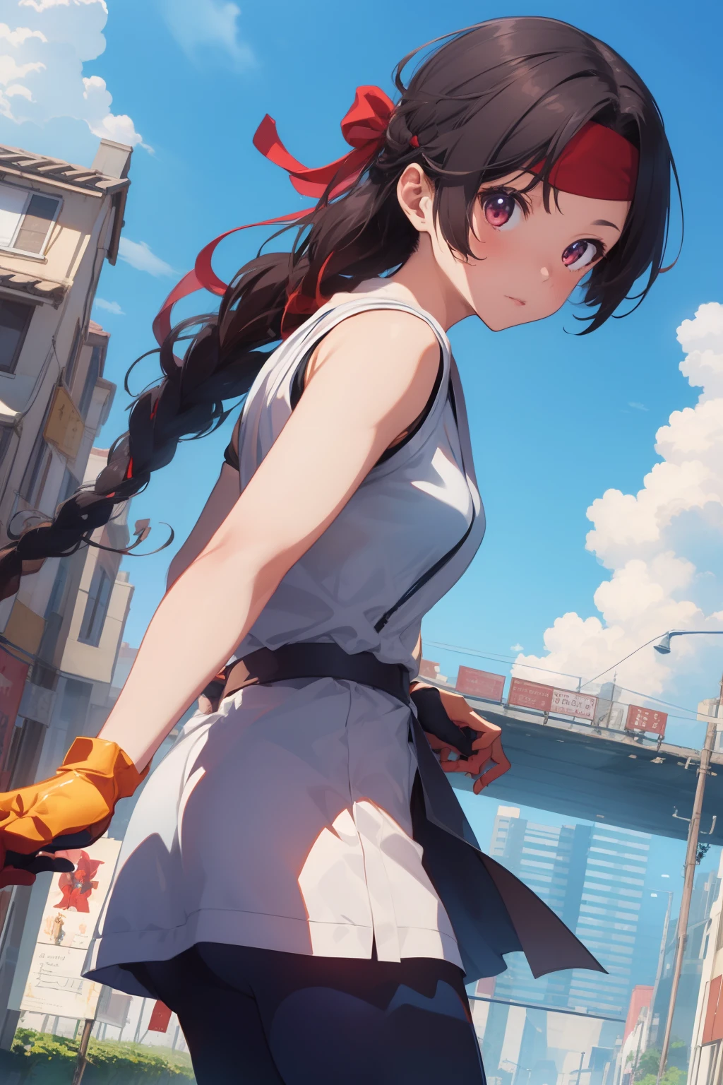 (masterpiece, best quality, high resolution, unity 8k wallpaper, extremely detailed CG:1), (illustration:1.0), 1girl,solo, yurims, headband, dougi, spandex, gloves,