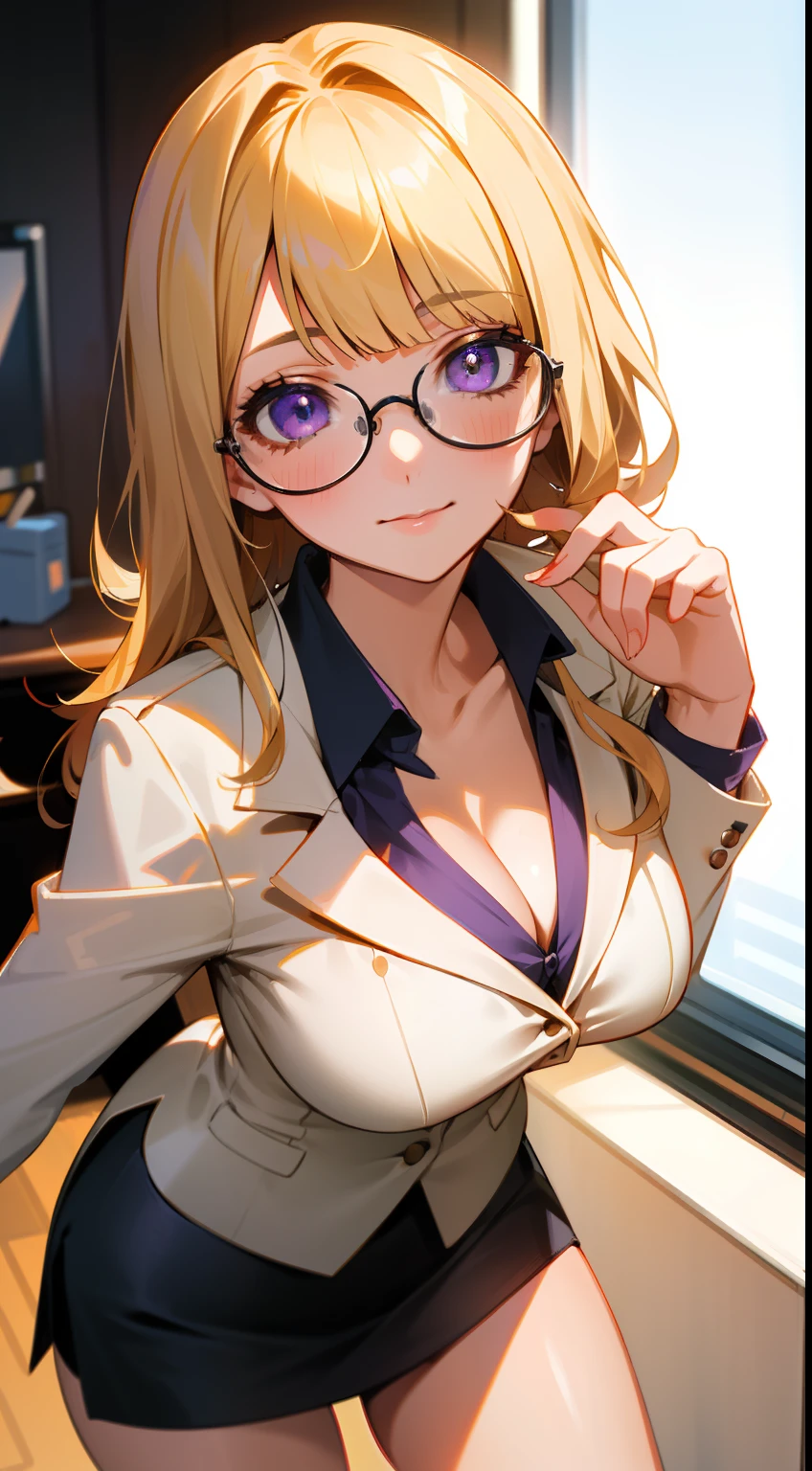 (Best quality:1.1), (Masterpiece:1.2), Highqualityshadow, Beautiful detailed, Beautiful face, Detailed eyes, Off-the-shoulder attire,Depth of field, A high resolution, Best shadow, Best illumination, 1girll, view the viewer, (Blonde hair:1.3),short detailed hair, Blunt bangs, Long hair, Purple eyes, Shy, Large breasts, Miniskirt, blouse, Blazer, Pump, Office Lady, Glasses,cleavage,looks into camera,ssmile,closeup cleavage