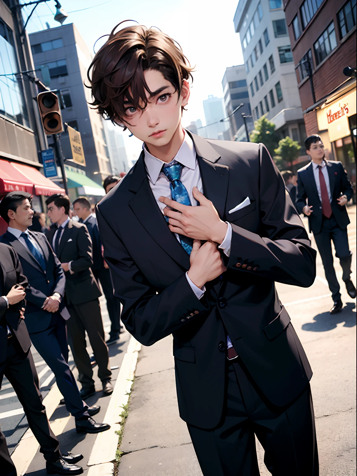 1boy,11 only、(Man's :2),(bobhair:1.5)、Brown hair、Dark blue suit、tight fitting,Brightly colored ties、natta、Downtown、streetlights、Natural lighting、hightquality、masutepiece,8K,hight resolution、