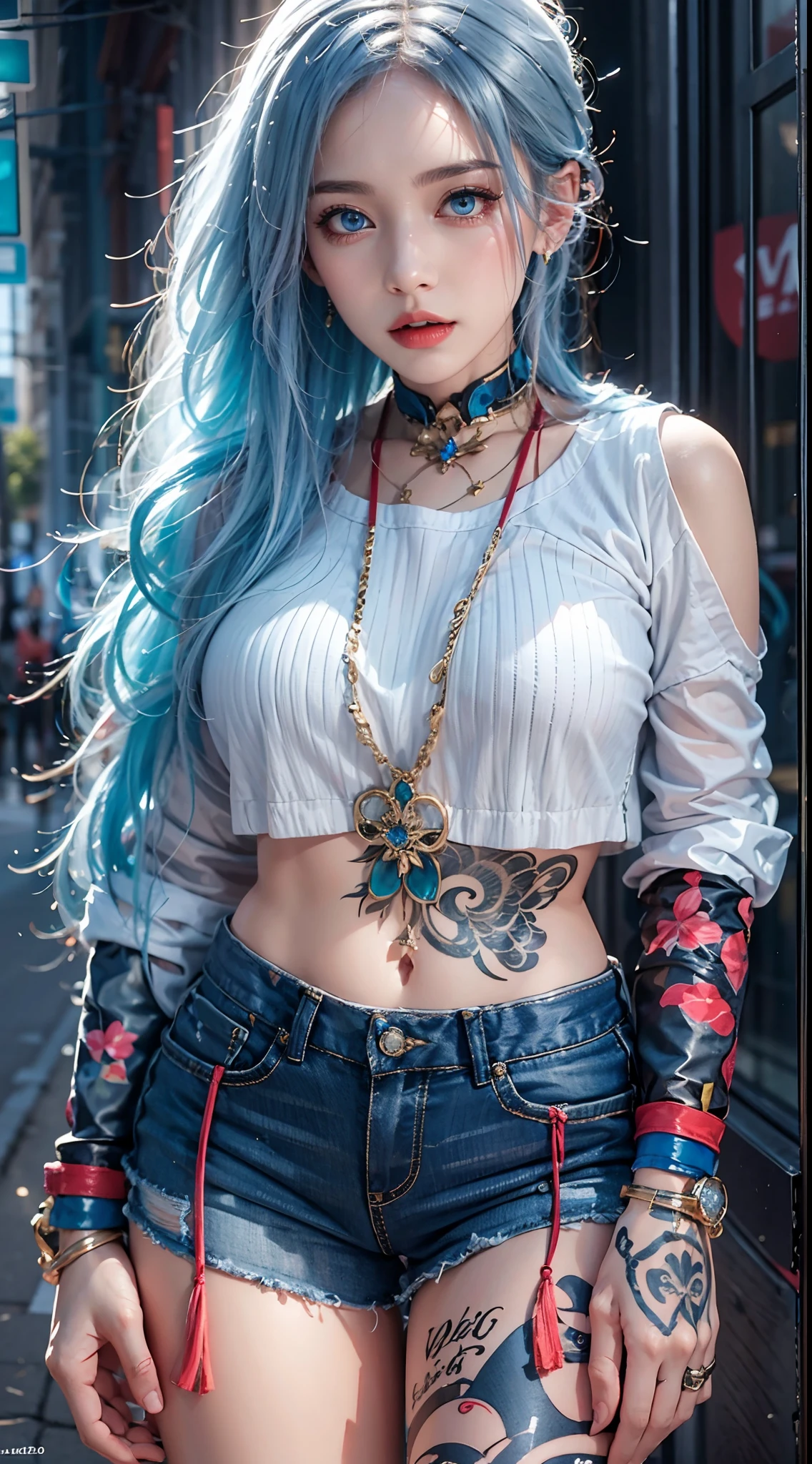photorealistic, masterpiece, photorealistic, high resolution, soft light, hips up, blue eyes, blue hair, long hair, street wear, stylist outfit, thigh highs, jewelry, tattoo, back view