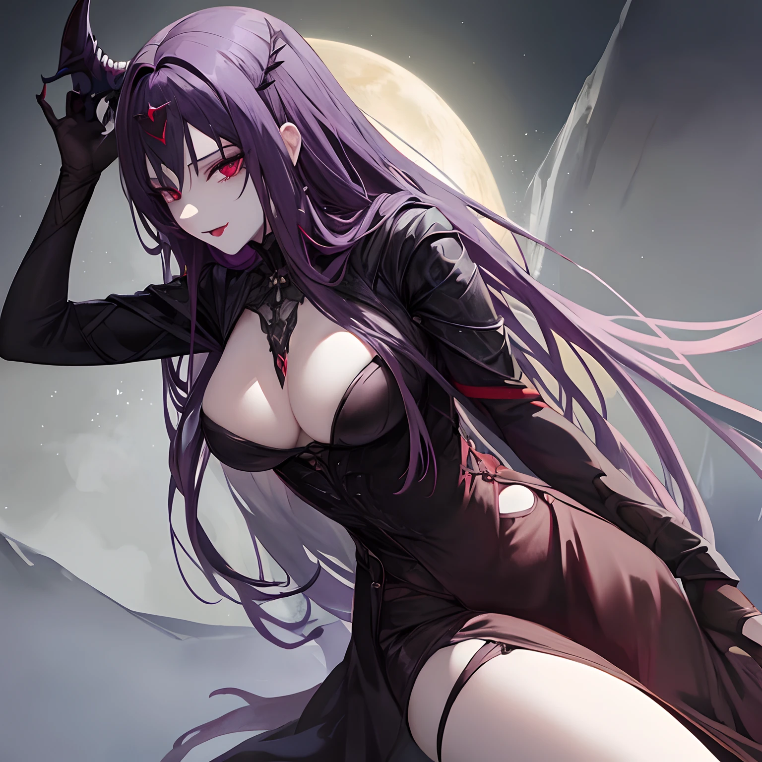 Woman, long dark purple hair, red eyes with a bright light, black long open dress, witch, silver jewelry in the shape of ribs, metal mask on half of the face, black lipstick