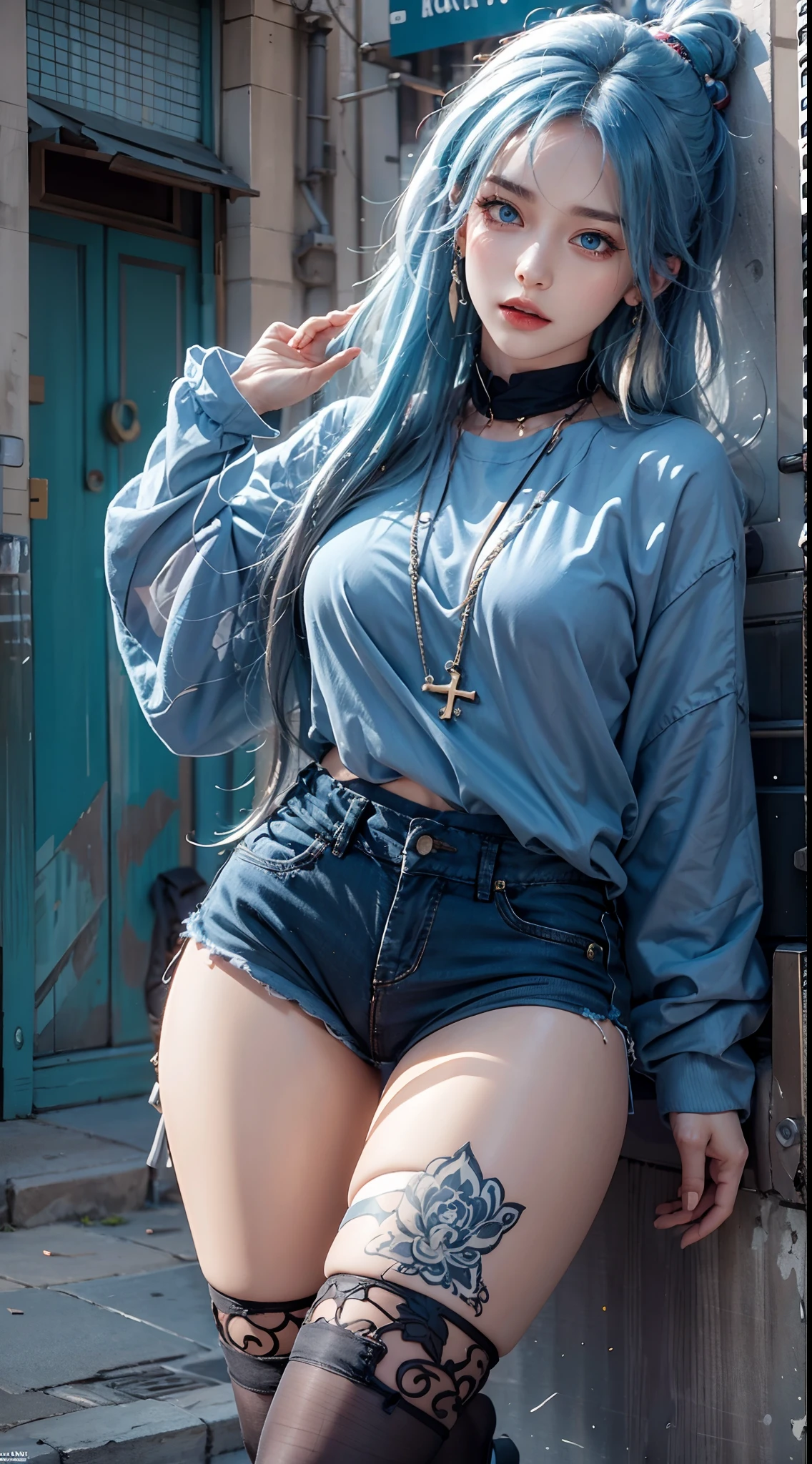 photorealistic, masterpiece, photorealistic, high resolution, soft light, hips up, blue eyes, blue hair, long hair, street wear, stylist outfit, thigh highs, jewelry, tattoo, back view