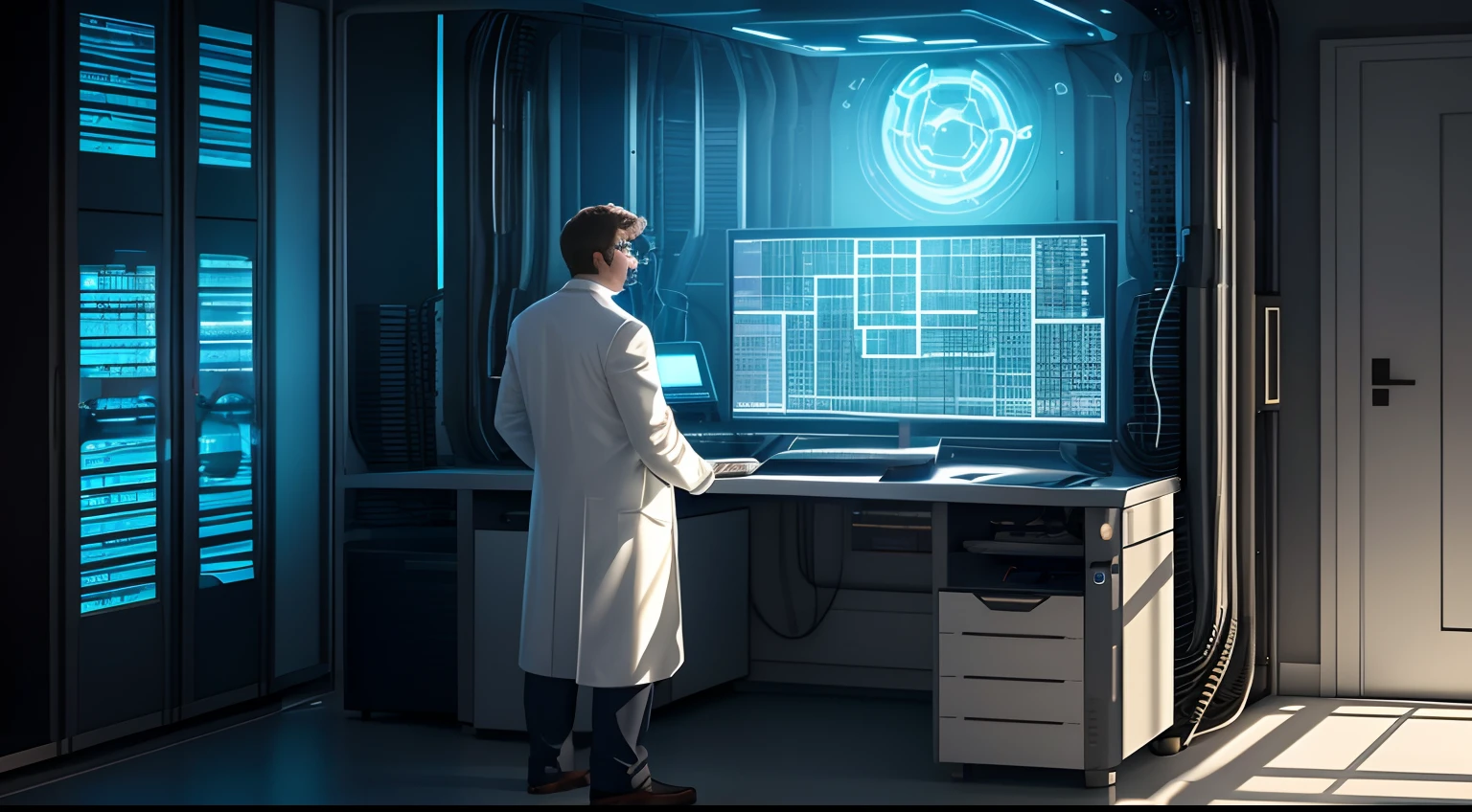 Dr. Octavius, wearing a white lab coat and safety goggles, is researching plans and new equipment on a supercomputer, The light from the screen is illuminating his face, creating shadows and a special glow,(full body), fantasy style, ultra realistic, (hyperrealism:1.1),(detailed:1.2)