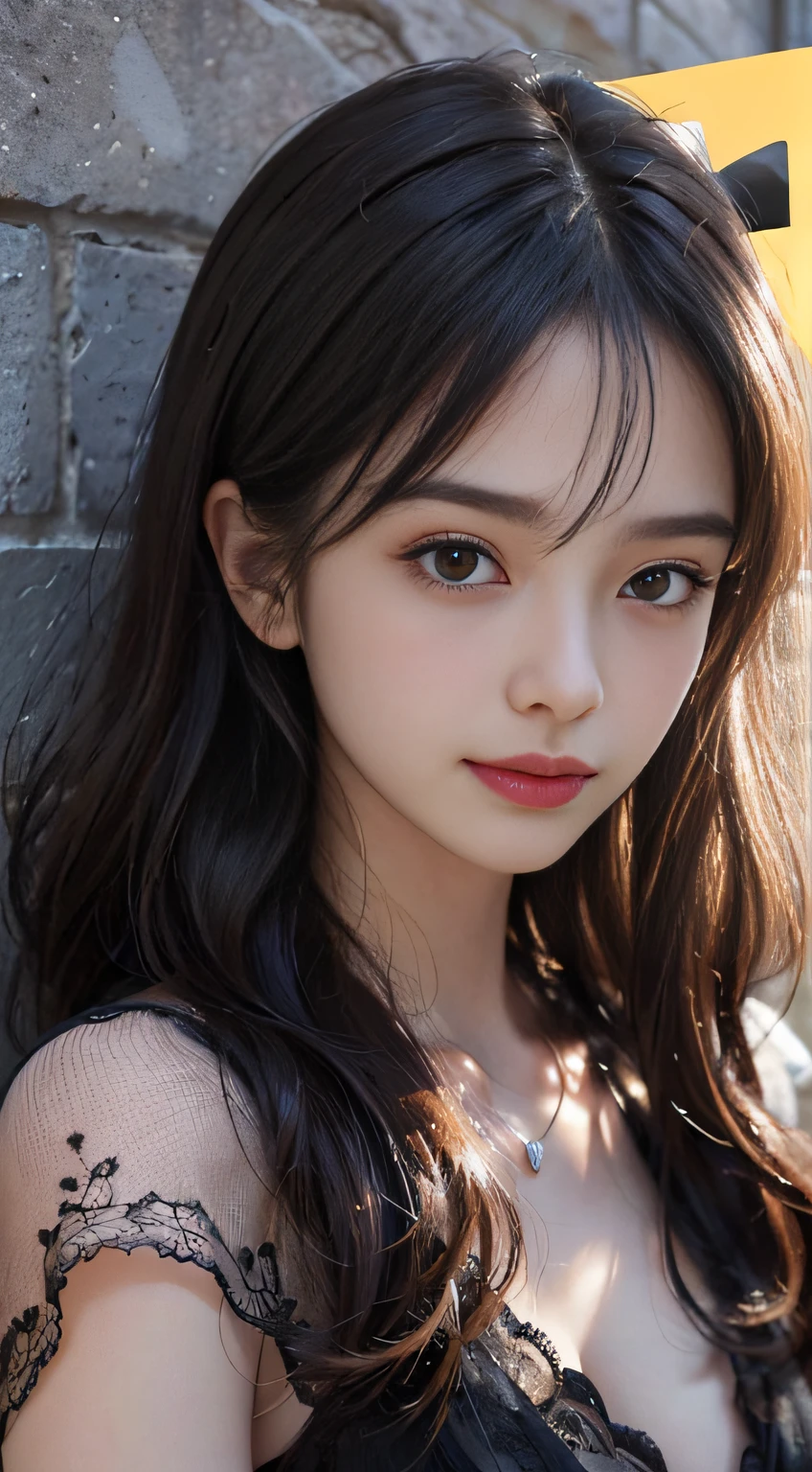 (A hyper-realistic)、(illustratio)、(hight resolution)、(8K)、(ighly detailed)、(Best Illustration)、(beautifully detailed eyes)、(top-quality)、(ultra-detailliert)、(masterpiece)、(wall-paper)、(A detailed face)、nudde、barechested、独奏、1 girl in、looking at viewert、fine detailed、A detailed face、in the darkness nigth、deep-shadows、lowkey、pureerosfaceace_v1、A smile、long、Black shawl straight hair、46-point diagonal bangs, View of the castle、、Stand against the wall