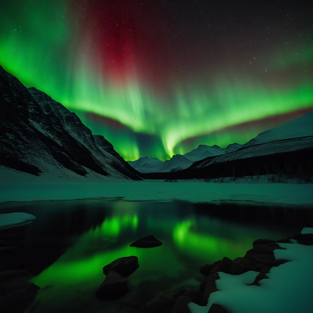 Master Parts、Superior Quality、superior image quality、The 8k quality、Beautiful pictures of the starry sky、magnifica、Arched Milky Way:1.25、north pole:1.5、Pale glaciers:1.9、(Red and green aurora borealis:1.25)