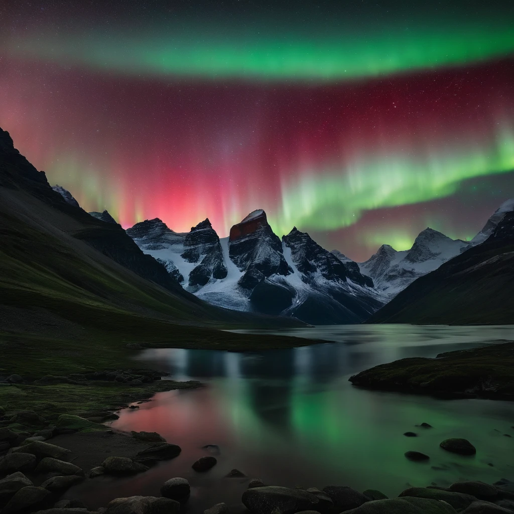 Master Parts、Superior Quality、superior image quality、The 8k quality、Beautiful pictures of the starry sky、magnifica、Arched Milky Way:1.25、north pole:1.5、Pale glaciers:1.9、(Red and green aurora borealis:1.25)