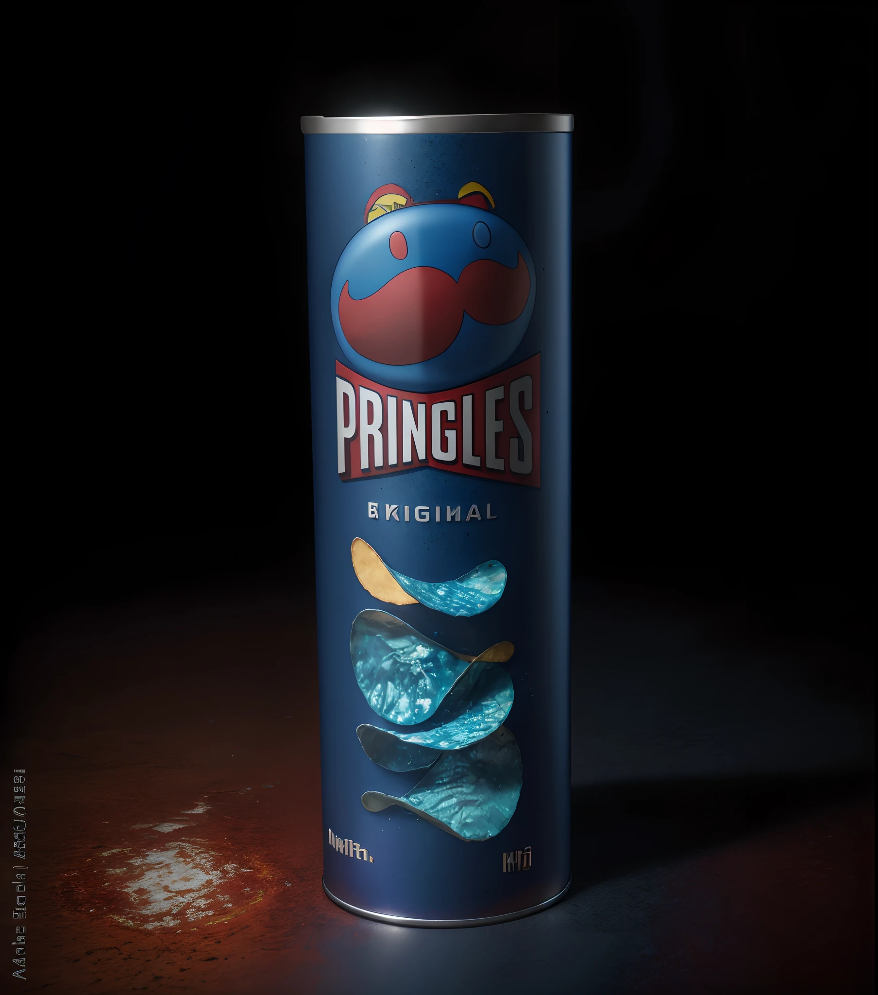 Nikon RAW photo, 8 k, Fujifilm XT3, masterpiece, , realistic, photorealistic, (best quality,highres),SUPER MAN edition,metallic BLUE ,metalic RED , iconic shape of potato chips, , vividly pringles font on subject, portraits,vivid colors,sharp focus,physically-based rendering