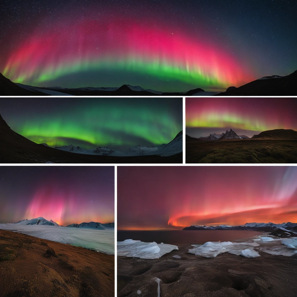 Master Parts、Superior Quality、superior image quality、The 8k quality、Beautiful pictures of the starry sky、magnifica、Arched Milky Way:1.25、north pole:1.5、Pale glaciers:1.9、(Red Aurora Borealis:1.25)