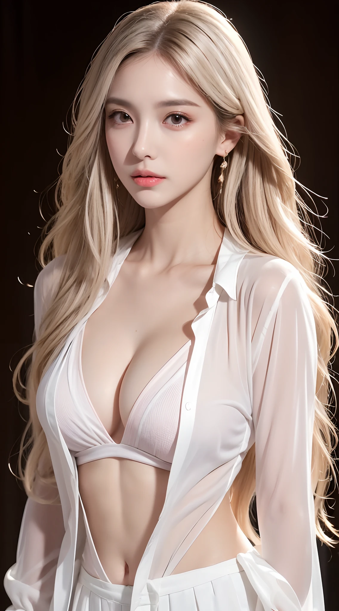 8k, Top image quality、Raw photography、超A high resolution、A pretty girl with perfect figure :1.3、((idol K-pop)), Colossal tits:1.3、cleavage of the breast:1.3 , ((open shirt show )), (detailed face ), (detailed white shirt),  full body, fair white skin、shiny white skin、(wavy blonde hair)、dark brown hair、dark brown hair、Beautiful eyes with random colors、very thin lips, finely detail、elongated eyes、pale pink blush、long eyeslashes、Beautiful double eyelids、eyeshadows、master Office、Lighting that emphasizes beautiful skin、Lustrous skin