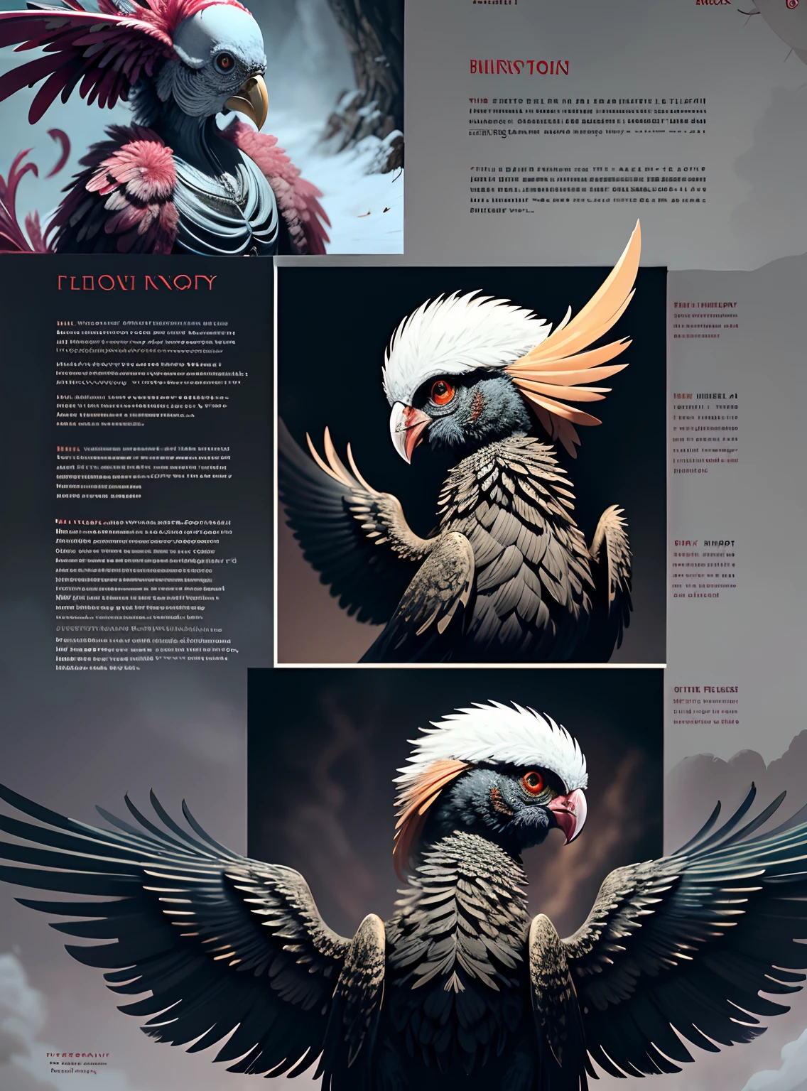 (Extremely detailed), scornful, science fiction,Horror (subject), Harpy Monster, humanoid, feathers, Huge plumage, wings, beak, Bird's Head, black feathers, Snow Fantasy, Blood in paper,Dust in paper