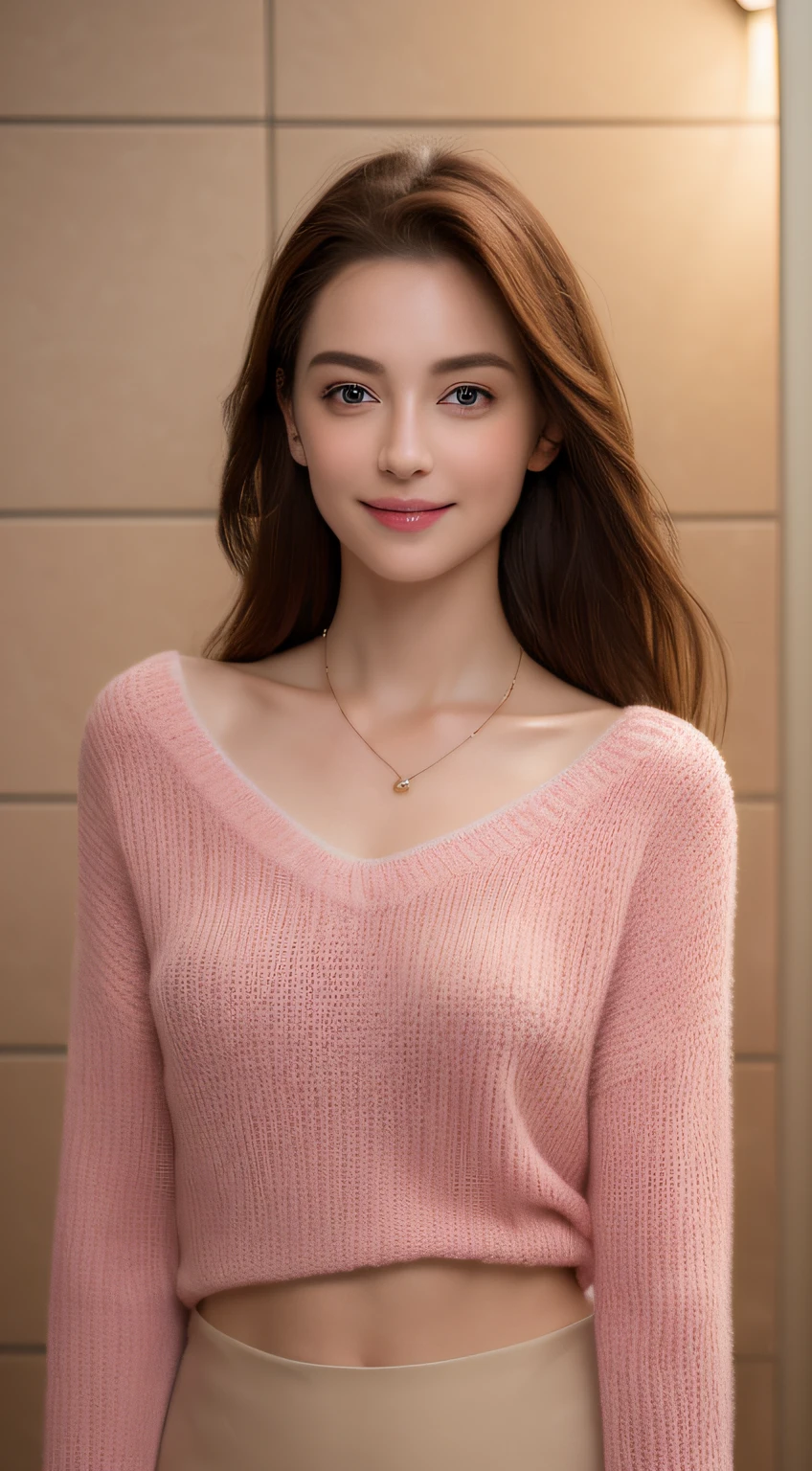 A woman in a pink sweater and tan skirt posing for a picture - SeaArt AI