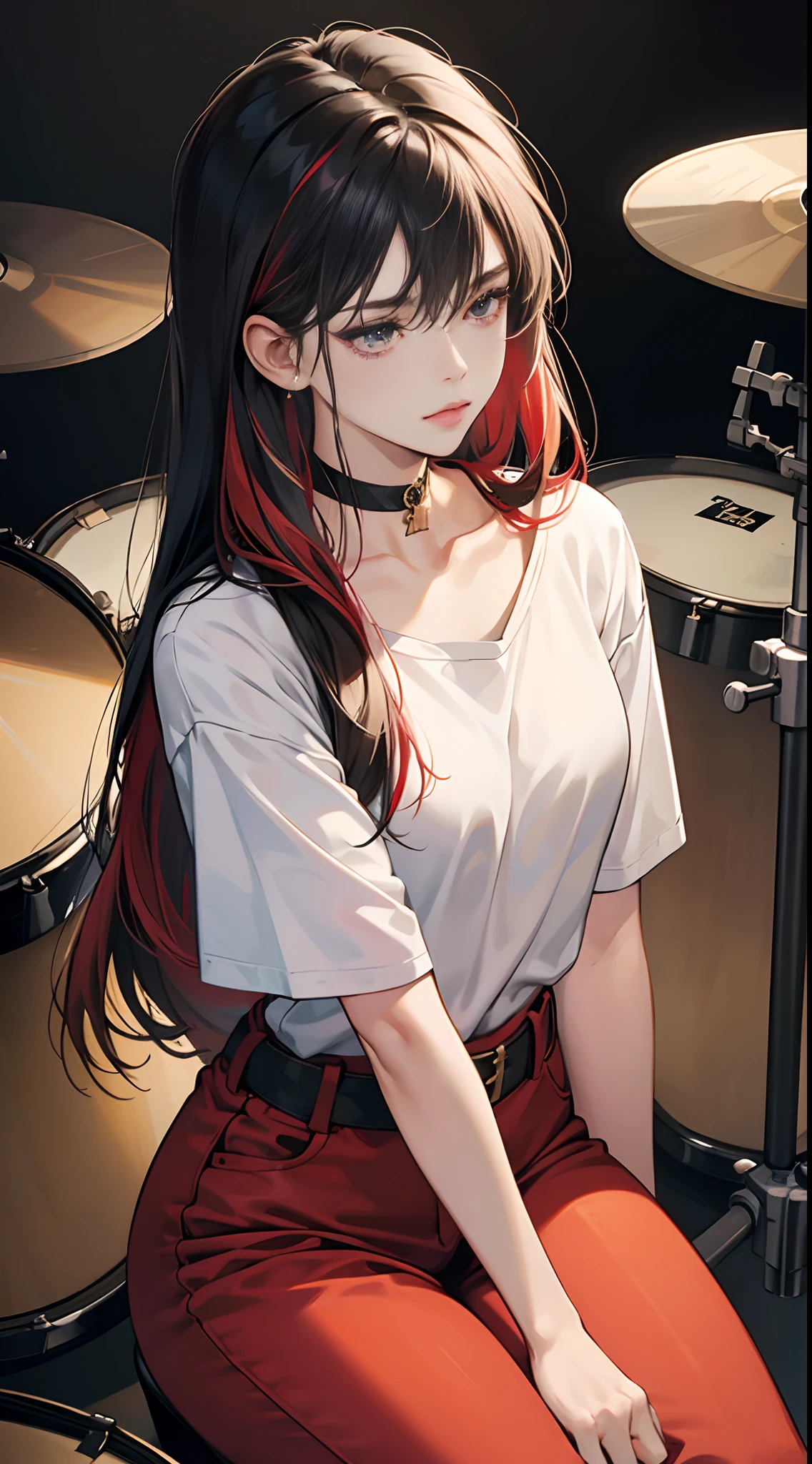 (best quality,4k,high resolution),18-year-old woman,drums,drummer,sitting,pose,recital,japanese-style sitting arrangement,black hair with red streaks,long hair,straight hair,cool woman,sharp eyes,sleepy face,beautifully illustrated,realistic depiction,music studio background,gotic atmosphere,visual-kei,oversized rock t-shirt,loose-fitting,red choker,tight pants,leather,cross belt