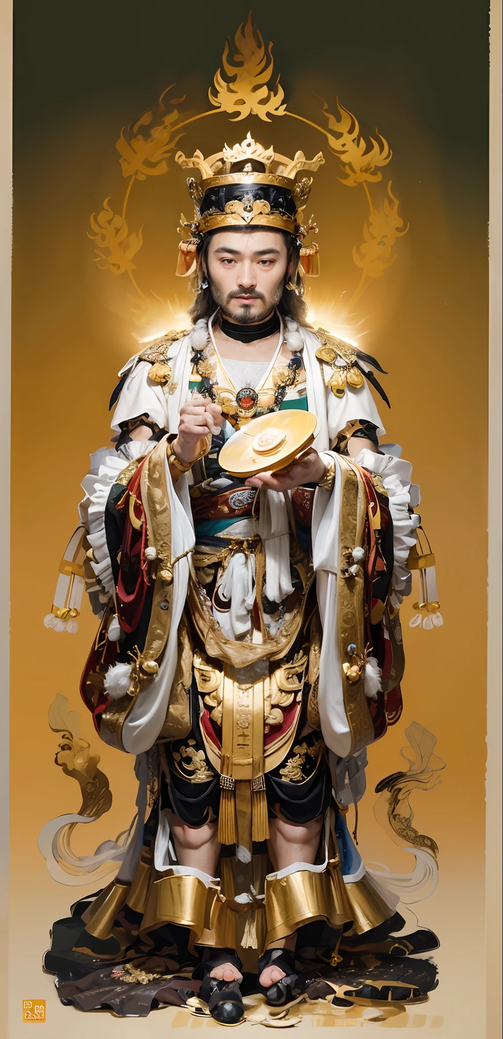 Handsome man, Emperor of China,Wear a crown on your head,(((com um rosto quadrado))),Flashy clothes,Handsome looking,Robes,small beard,com um rosto quadrado,Wide face,One meter nine,small heads,long leges,Tall guy,com um rosto quadrado,(((Strong facial muscles))),(((aged 40,Peng Yuyan))),(((little beard))),(((Hold the mirror with one hand:1.1))),(Vajra pestle),(Lotus leaf),Basketball player body proportions,chineseidol,looking toward the viewer,Black pupils,The body is well-proportioned,Long legs,Straight back,Fitness trainer,Movie stars are glamorous,(((Heads-up))),Handsome,Westerners,muscular face,Muscular body,Perfect proportions,The muscles have expressions in both eyes,King Yan Luo stared ahead,(((Golden lotus throne))),The man wears a white shirt,(((Ancient Roman clothing))),silkouette,White yarn,There are muscles,(((Ancient Roman white clothes))),Shirtless,,(((Head background with round light))),(((Behind it is the sun))),(((The man emits a bright and dazzling light))),King Yan took away the metal weapon,Take the Skeleton Staff as an example,Barefoot on both feet,Step on the nasturtium,photorealestic,professional photoshooting,Realiy,超高分辨率,tmasterpiece,