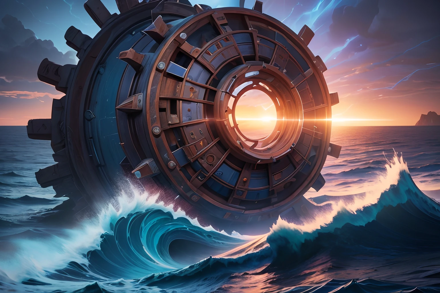 A very dynamic scene. A million years ago. fantasy world. Giant vintage rusty gear flies through time and space. The Wheel of Fate and Life. Spatial tunnel. Crashes into the ocean, Huge wave, splatter. Very close-up. view from bottom. Flying through the clouds, sparks, Blue Flame. super realistic. Cinematic. Blurred background in motion. Light haze