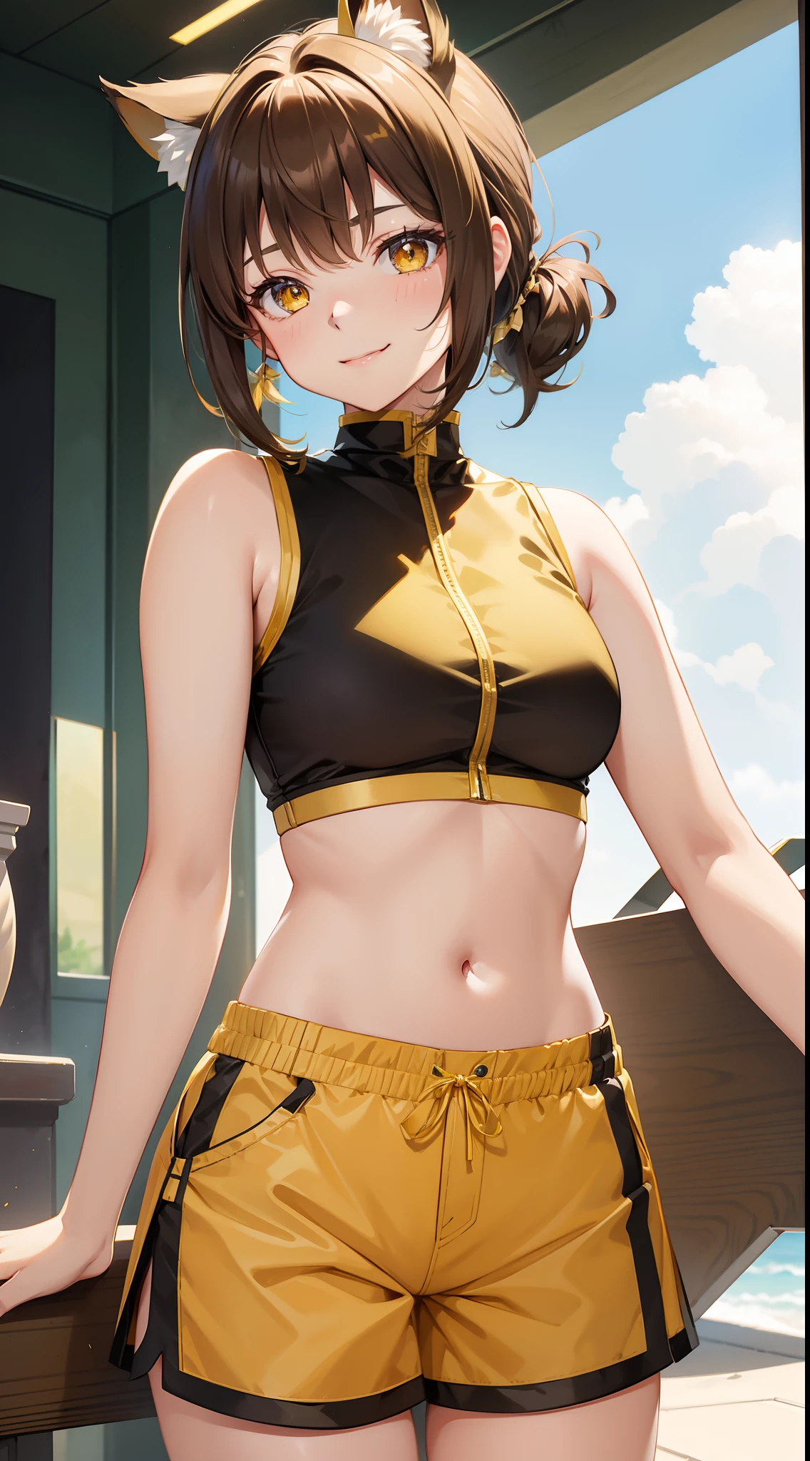 young girl, short brown hair, high ponytail, Heterochromia, green and yellow eyes, Smile, cat ears, Yellow tight sleeveless uniform, tight shorts, diadem, Gold Elements, She-ra, Masterpiece, hiquality, 4k, HD, Good detail