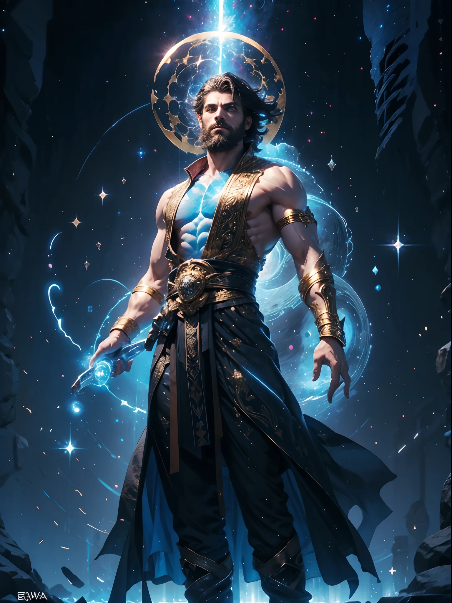 A mystical being floats in the cosmos surrounded by galaxies and nebulae. He has the muscular body of a Greek god with short dark hair and a beard. Bolts of cosmic energy radiate from his eyes as his muscular arms direct the power of the universe. His white and gold robe flows around him as he channels the infinite power into a growing electrical storm. Glowing eyes, cosmic background, lighting effects, photorealistic