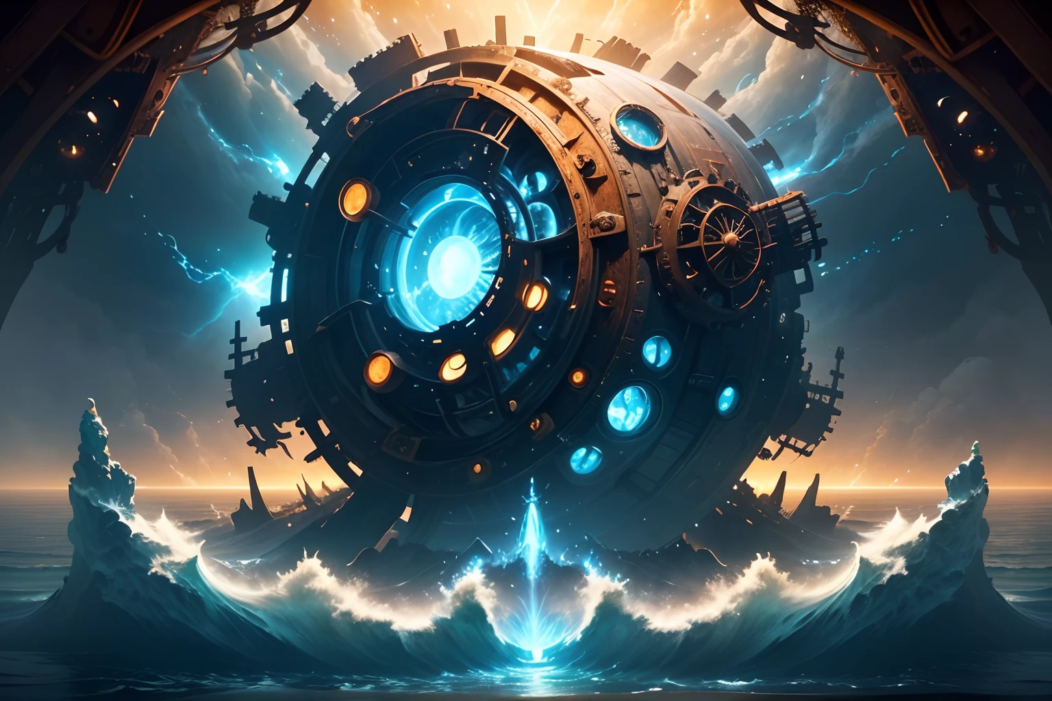 A very dynamic scene. A million years ago. fantasy world. Giant vintage rusty gear flies through time and space. The Wheel of Fate and Life. Spatial tunnel. Crashes into the ocean, Huge wave, splatter. Very close-up. view from bottom. Flying through the clouds, sparks, Blue Flame. super realistic. Cinematic. Blurred background in motion. Light haze