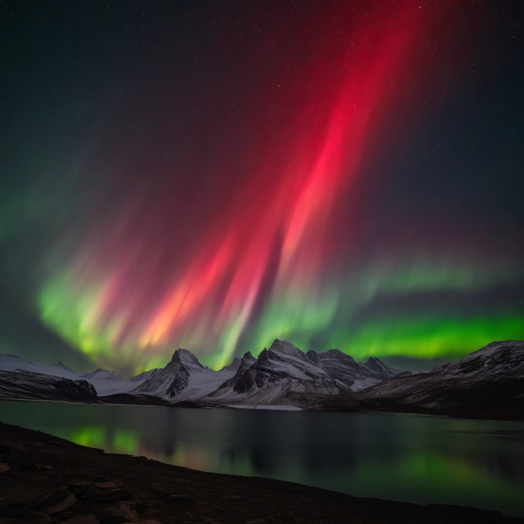 Master Parts、Superior Quality、superior image quality、The 8k quality、Beautiful pictures of the starry sky、magnifica、Arched Milky Way:1.25、north pole:1.5、Pale glaciers:1.9、(Red Aurora Borealis:1.25)