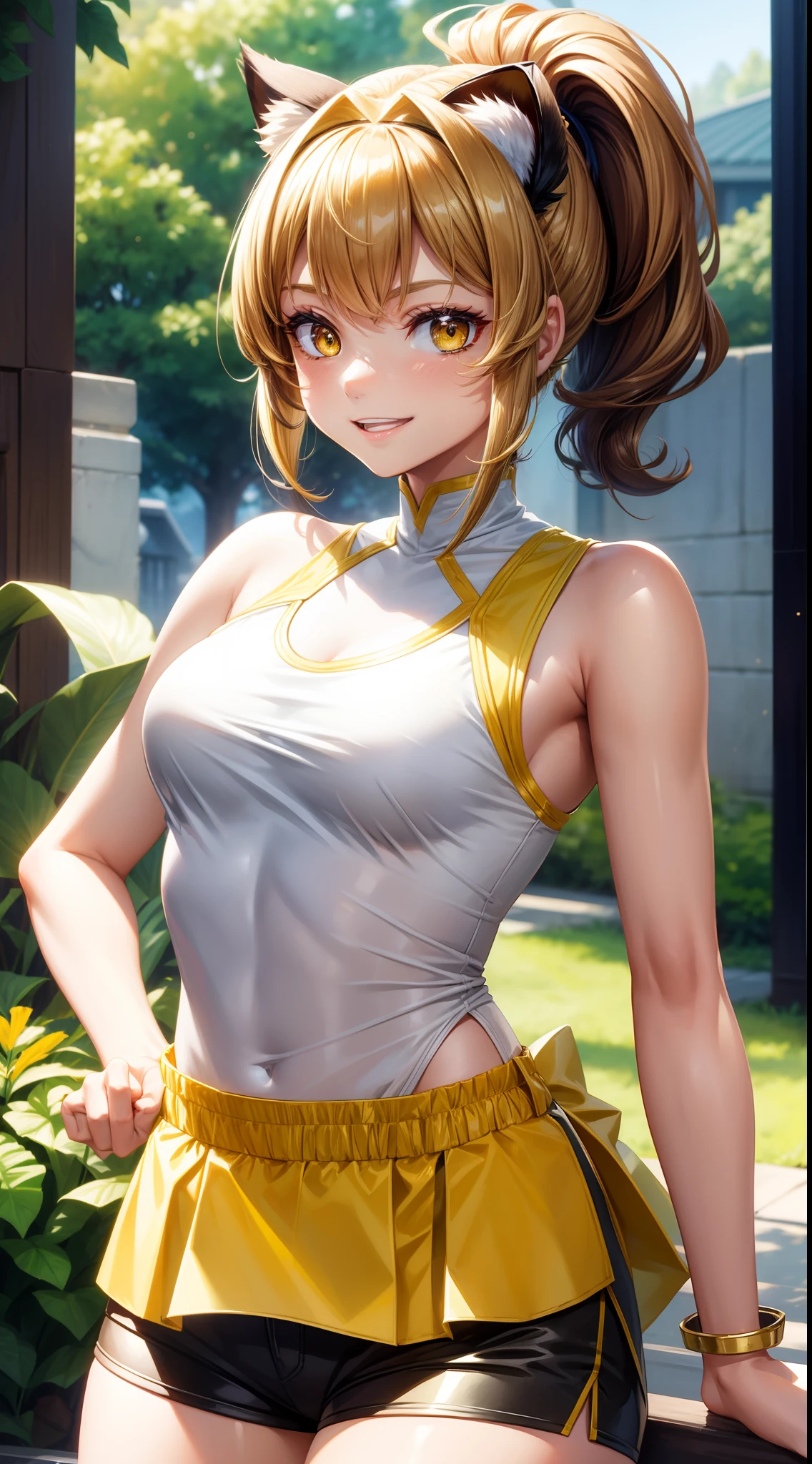 young girl, short brown hair, high ponytail, Heterochromia, green and yellow eyes, Smile, cat ears, Yellow tight sleeveless uniform, tight shorts, diadem, Gold Elements, She-ra, Masterpiece, hiquality, 4k, HD, Good detail