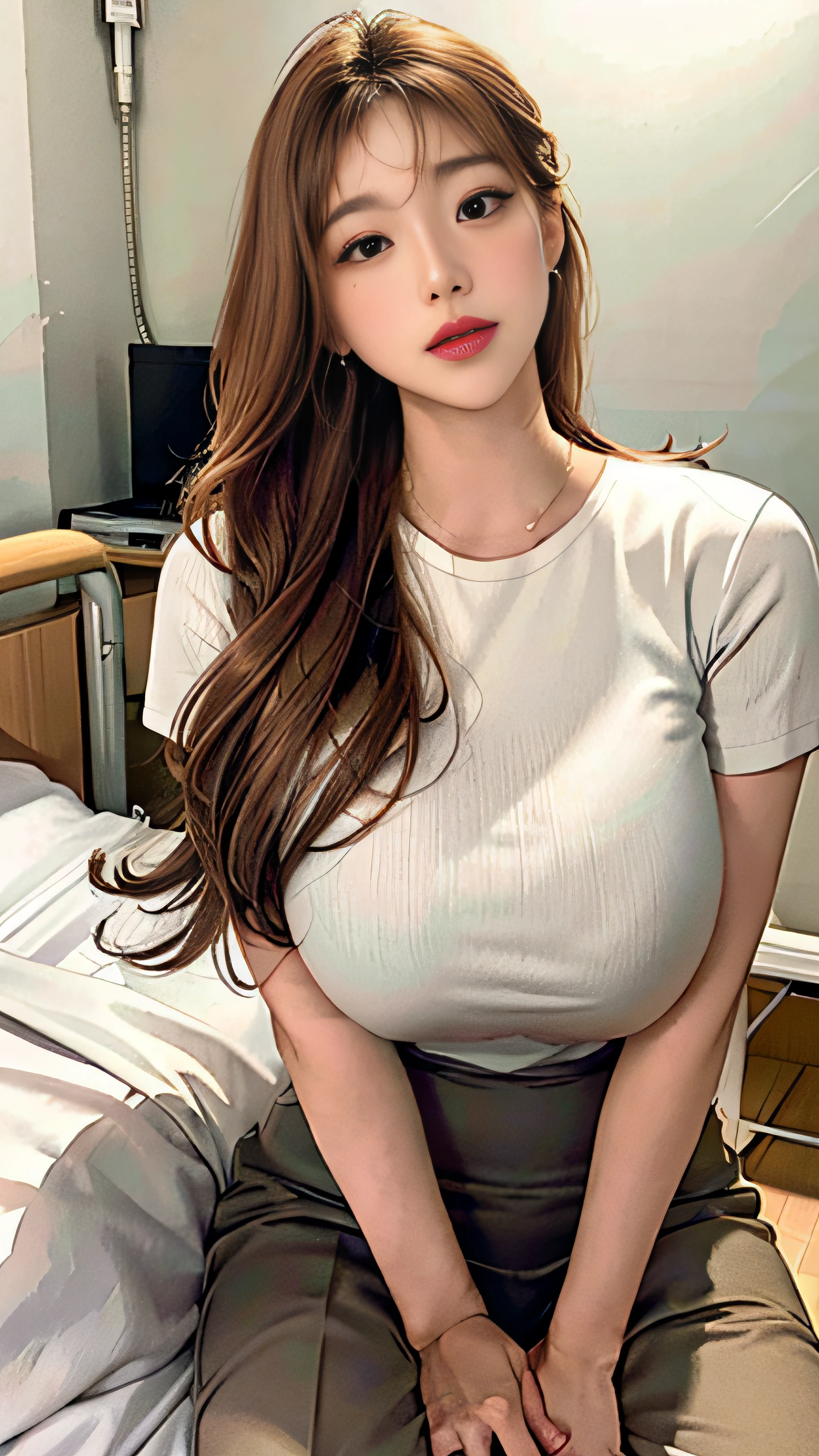 light brown hair, hair behind ear, Pompadour hairstyle, Wavy Hair, Medium Hair, Heart Earrings, surrealism, Color Field Painting, high detailing, One-person viewpoint, Eye-Level Shot, nffsw, masutepiece, Super Detail, high detailing, High quality, award winning best quality, High resolution, hard disk, 4K, 16 K, Full body shot, Full body, (Sweating, Huge breasts), Hospital Beds, nurse