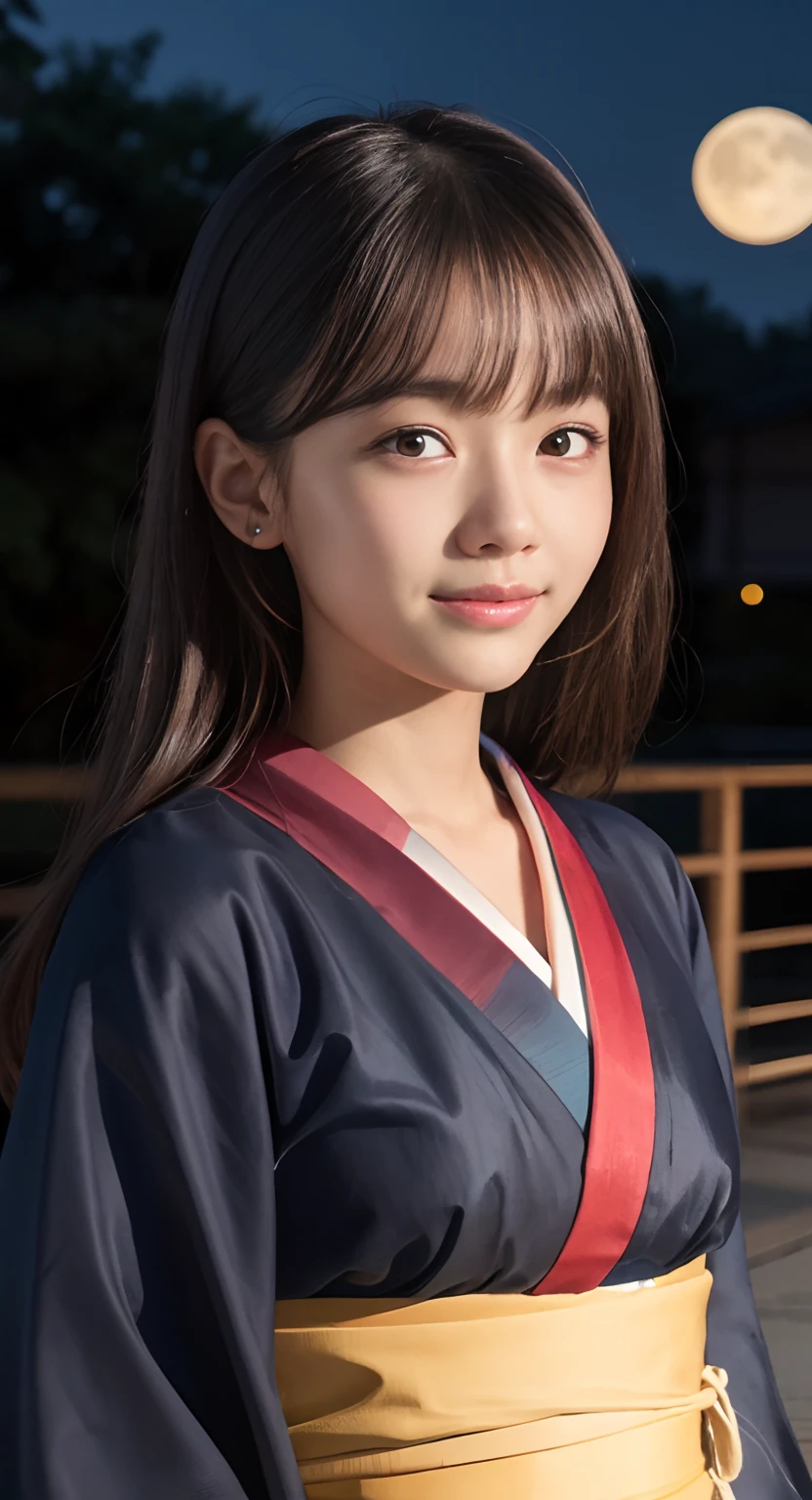(top-quality、​masterpiece:1.2)、Best Quality、realisitic、photoshot、hight resolution、1080p、8K、Textured skin、Physical Rendering、1 Japan Girls、a junior high school student、kawaii、Young Face、Rolled hair、(japanese kimono:1.5)、fullmoon、Night、full of shyness、smil、Big